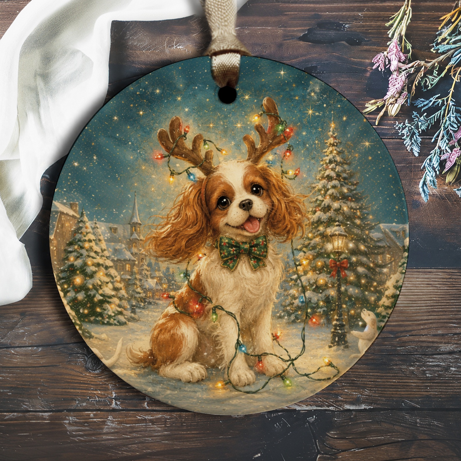 Cute Dog Christmas Ornament Cavalier King Charles Spaniel With Antlers Holiday Decor For Dog Lovers Festive Tree Decoration O1368