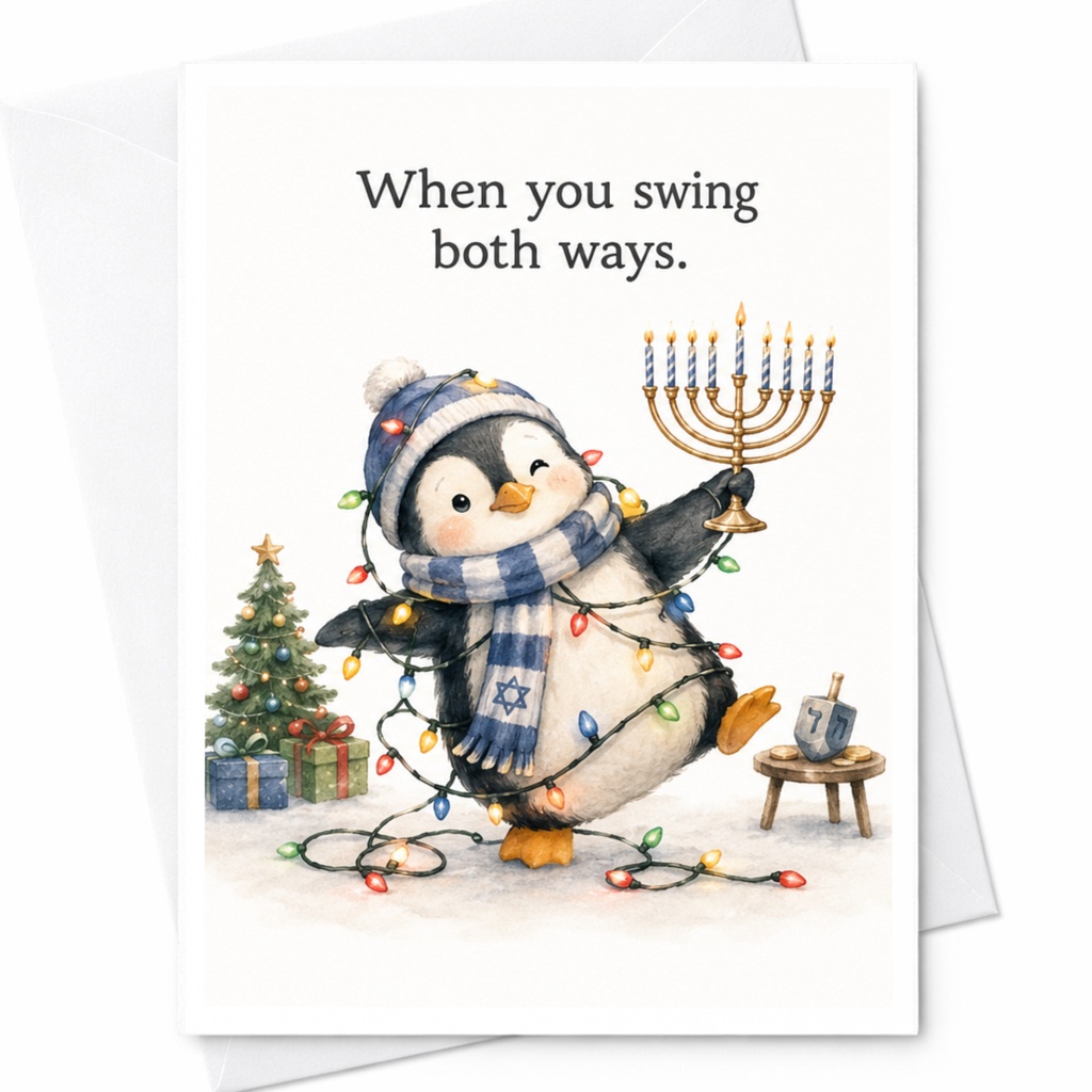 When You Swing Both Ways Funny Christmas Hanukkah Card Penguin Holiday Lights Menorah Festive Greeting Card For Friend C5527