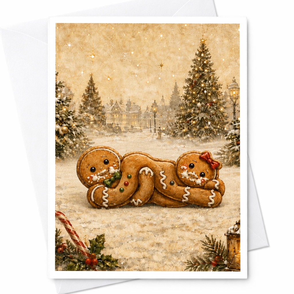 Gingerbread Couple Christmas Card Cute Holiday Greeting Card For Family Festive Winter Scene Adorable Seasonal Card C5532