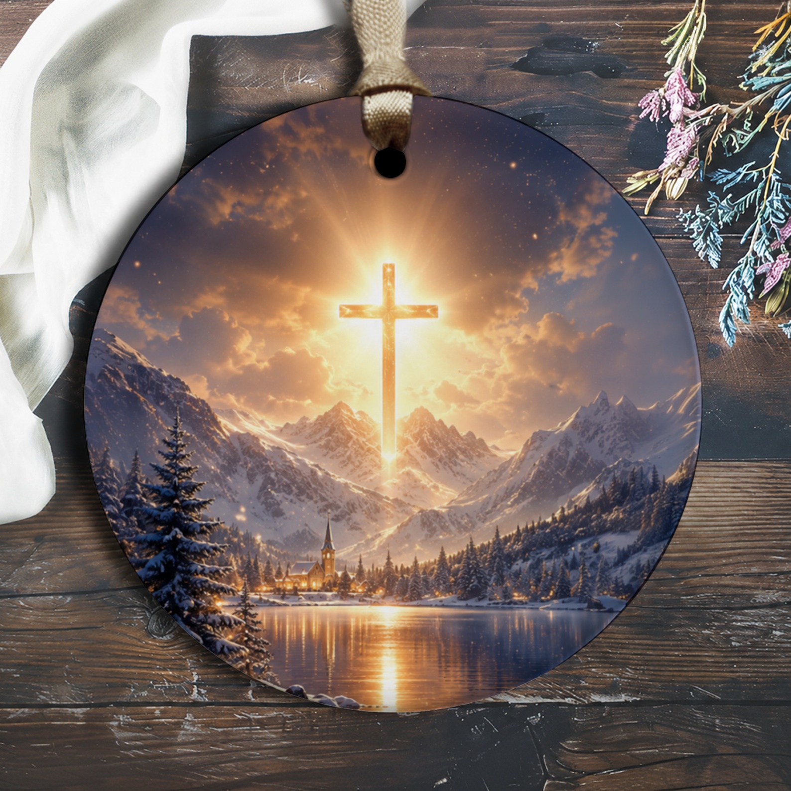 Sunlit Cross Ornament Christmas Decor Religious Winter Scene Holiday Ornament Spiritual Gift Christian Home Decor O1375