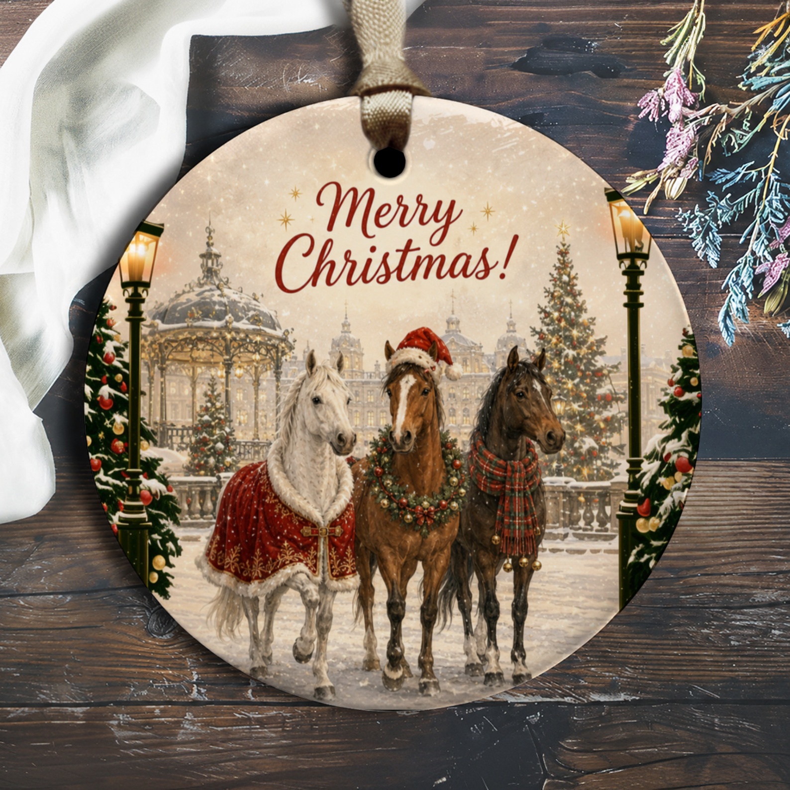 Merry Christmas! Festive Horse Ornament Holiday Decor Christmas Tree Decoration Winter Wonderland Scene O1391