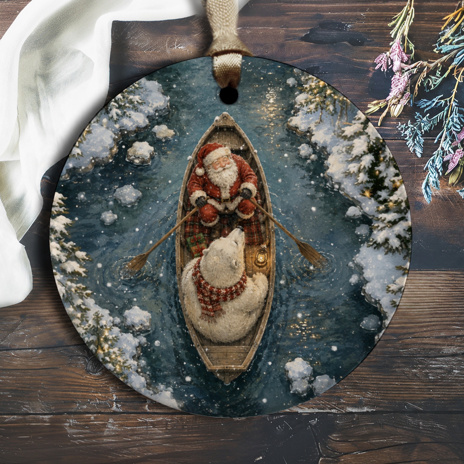 Santa And Polar Bear Christmas Ornament Winter Wonderland Holiday Decor Festive Tree Decoration Cute Animal Scene O1392