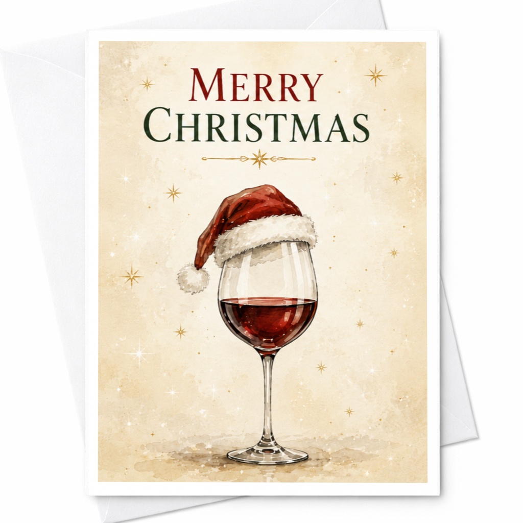 Merry Christmas Wine Glass Card Funny Holiday Greeting Card For Wine Lovers Festive Santa Hat Christmas Card For Friends C5550