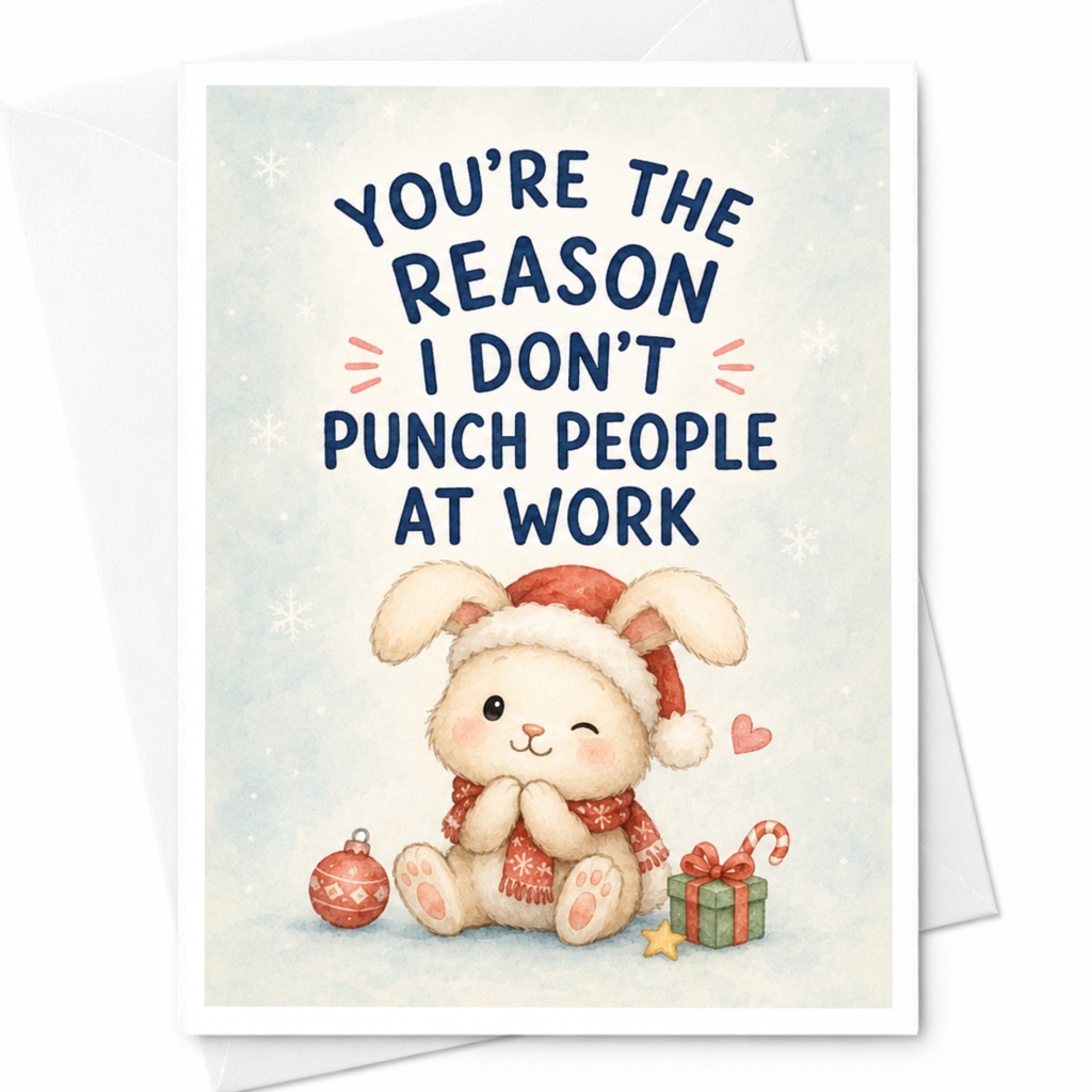 You're The Reason I Don't Punch People At Work Funny Christmas Card Cute Bunny Santa Hat Colleague Holiday Greeting Card C5551