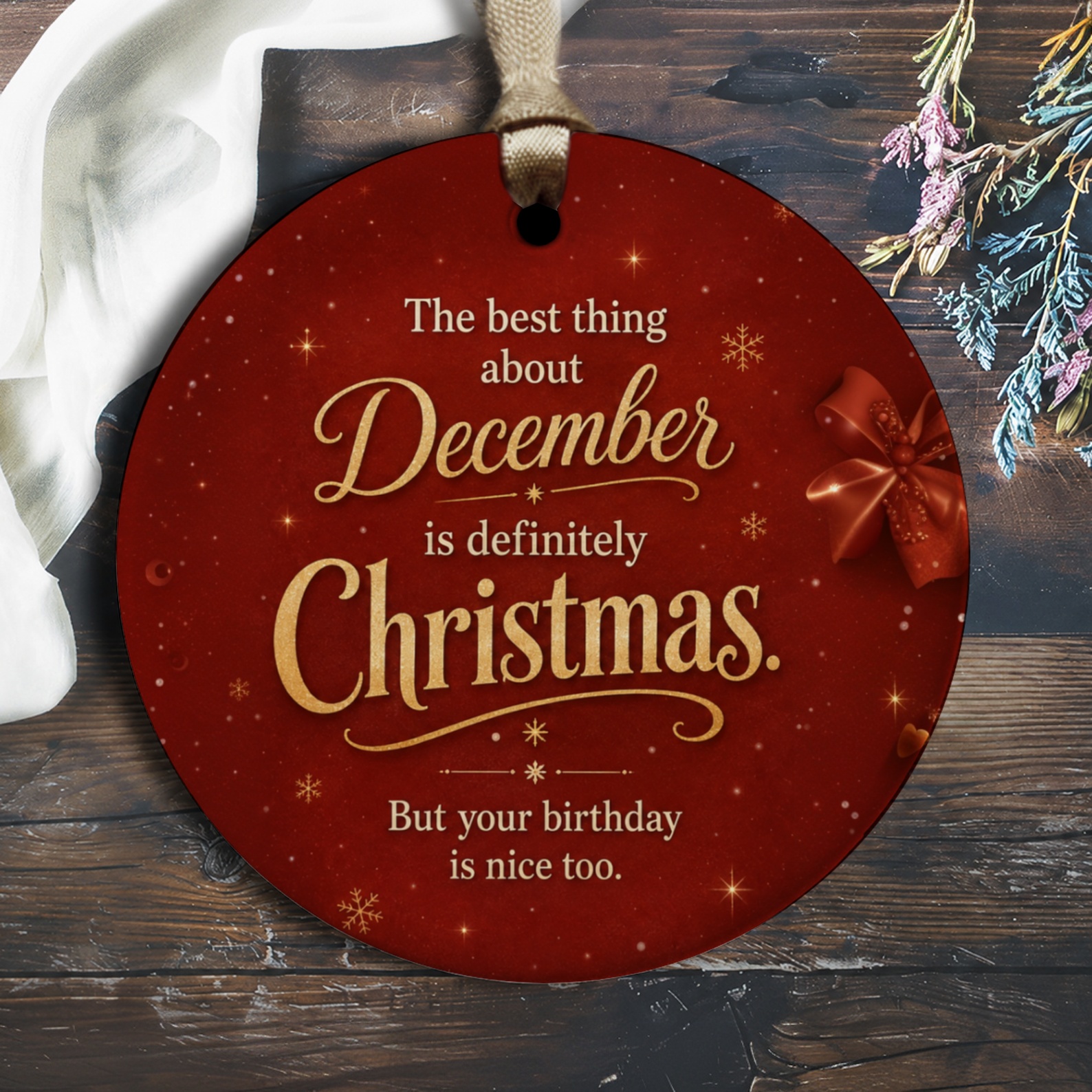 The Best Thing About December Christmas Ornament Funny Holiday Decor Festive Red Ornament Birthday Gift O1393