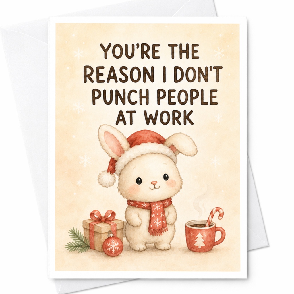 You're The Reason I Don't Punch People At Work Funny Christmas Card Cute Bunny Colleague Holiday Greeting Card Office C5552