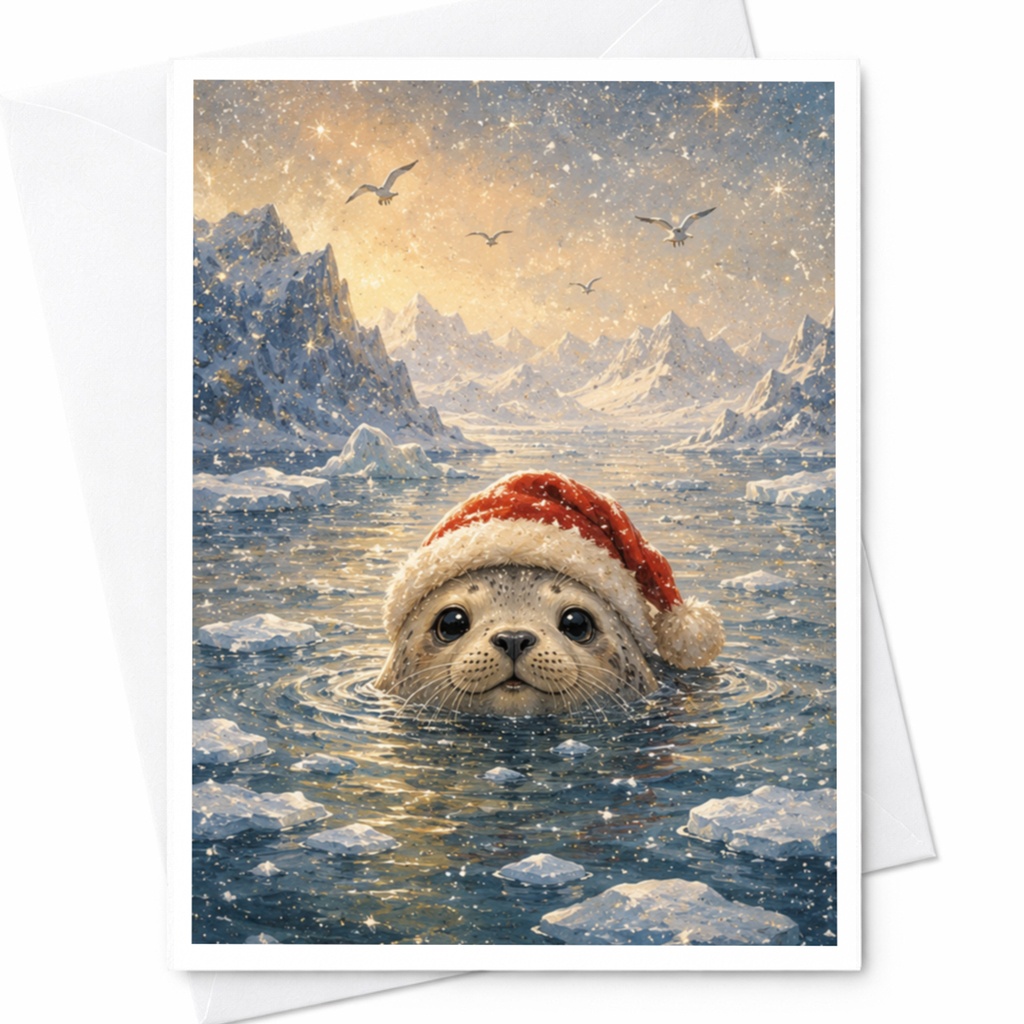 Seal With Santa Hat Christmas Greeting Card Cute Animal Holiday Card Winter Wonderland Art For Animal Lover Festive Seal Card C5555