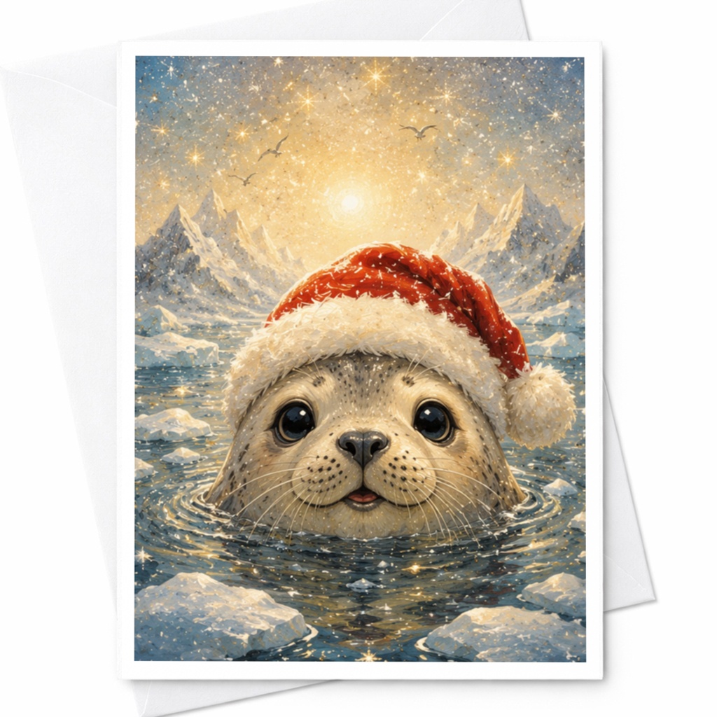 Seal With Santa Hat Christmas Greeting Card Cute Animal Holiday Card Winter Wonderland Art For Animal Lover Festive Seal Card C5556