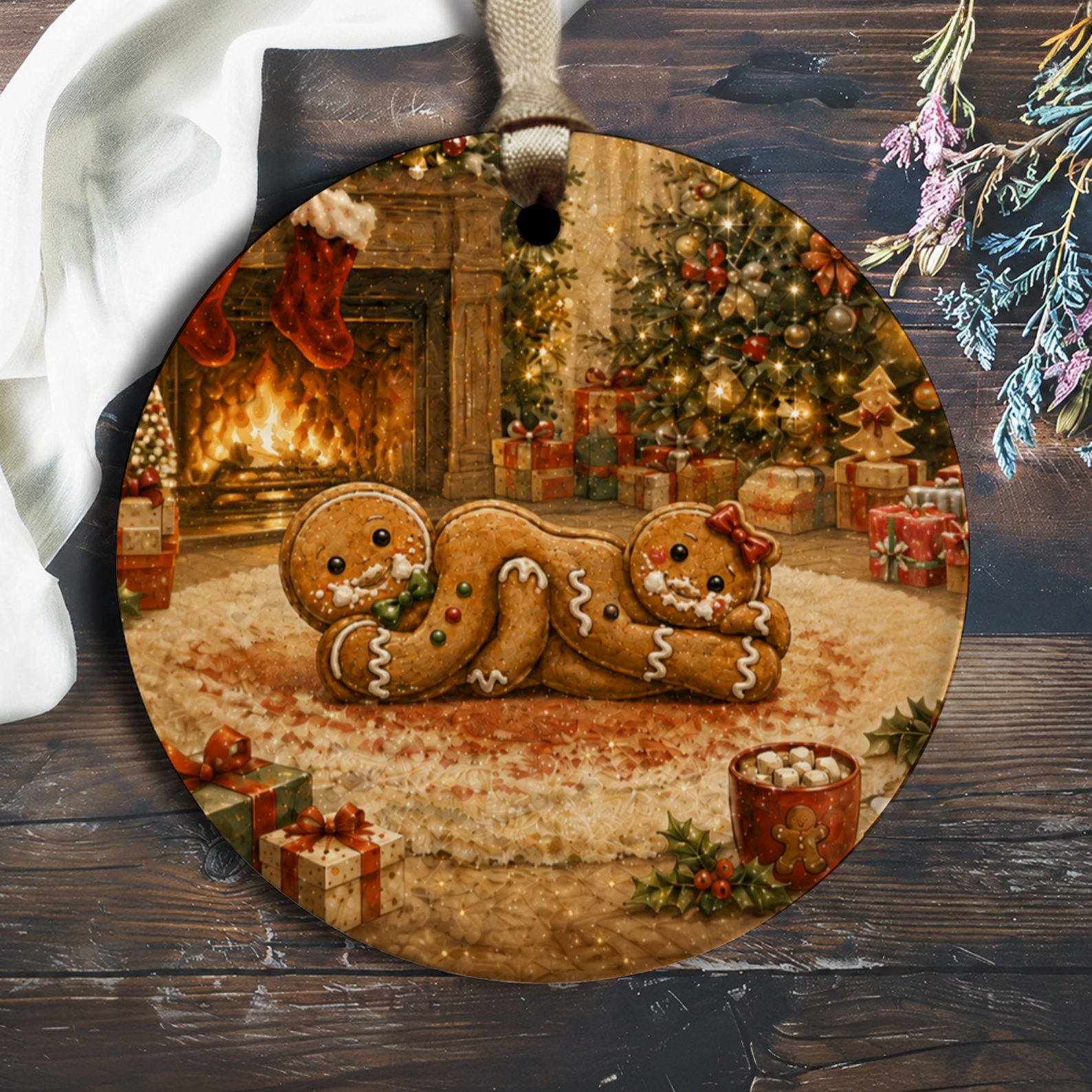 Gingerbread Couple Christmas Ornament Cozy Fireplace Scene Holiday Decor Cute Festive Tree Decoration Gift For Her Him O1405