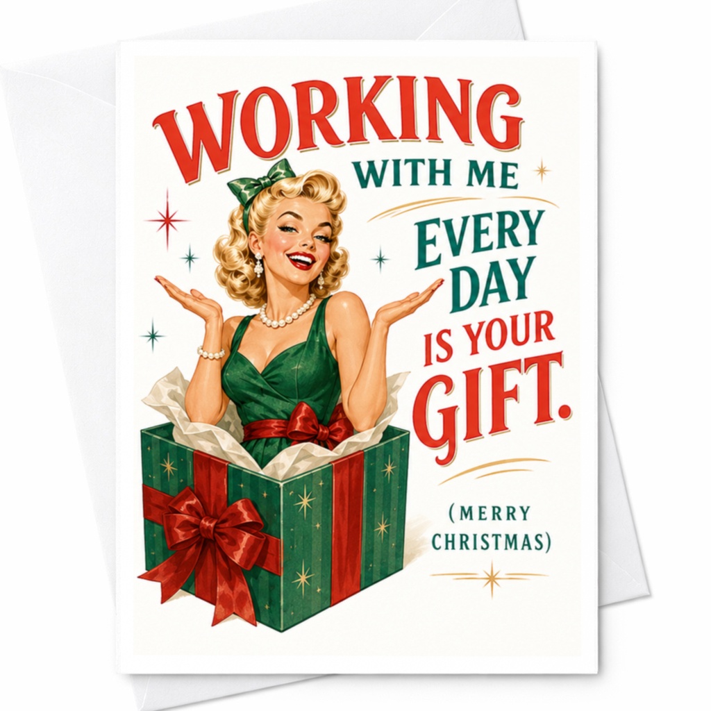 Working With Me Every Day Is Your Gift. Christmas Card Funny Holiday Greeting For Colleagues Retro Style Office C5563