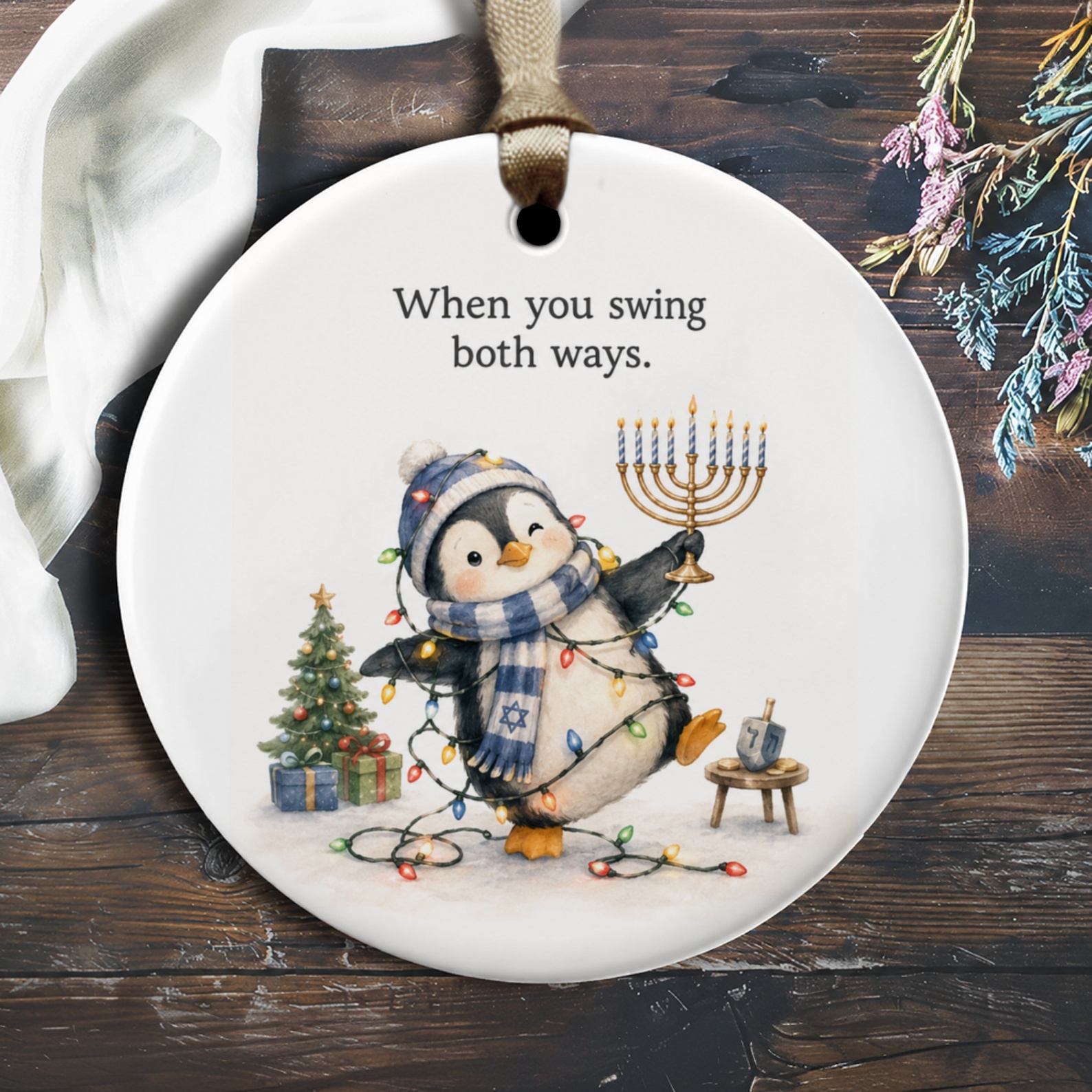 When You Swing Both Ways Funny Holiday Ornament Penguin Menorah Christmas Tree Hanukkah Christmas Decor Gift O1409