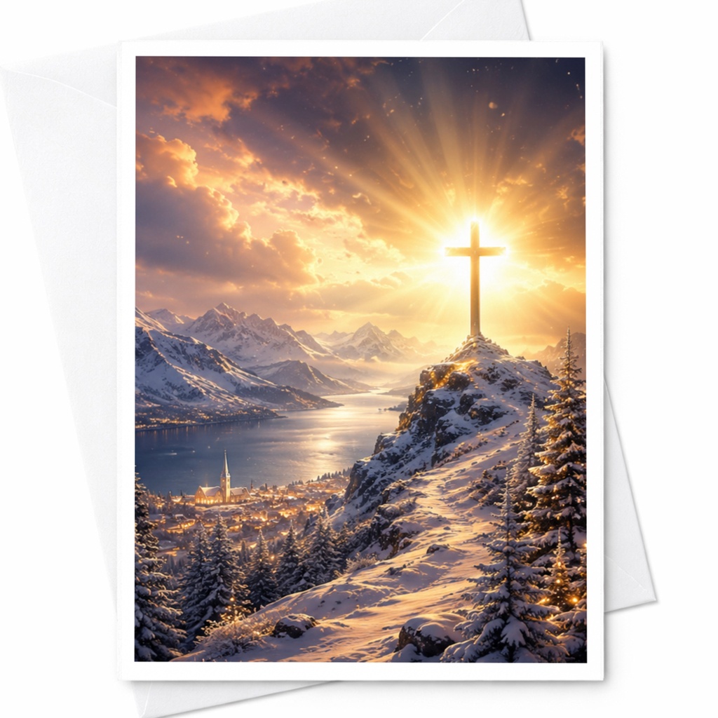 Sunlit Cross On Snowy Mountain Blank Greeting Card Inspirational Religious Card For Spiritual Encouragement Nature Lover C5568