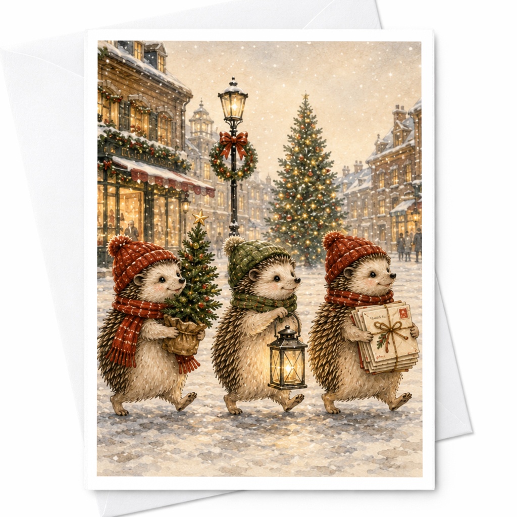 Cute Hedgehog Christmas Card Adorable Animal Holiday Greeting Card For Pet Lovers Festive Winter Scene With Gifts And Tree C5575