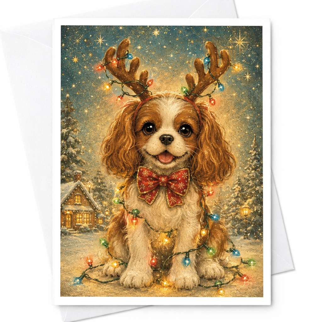Cute Dog Christmas Card With Antlers And Lights Holiday Greeting Card For Dog Lovers Festive Winter Scene Adorable Pet Card C5576
