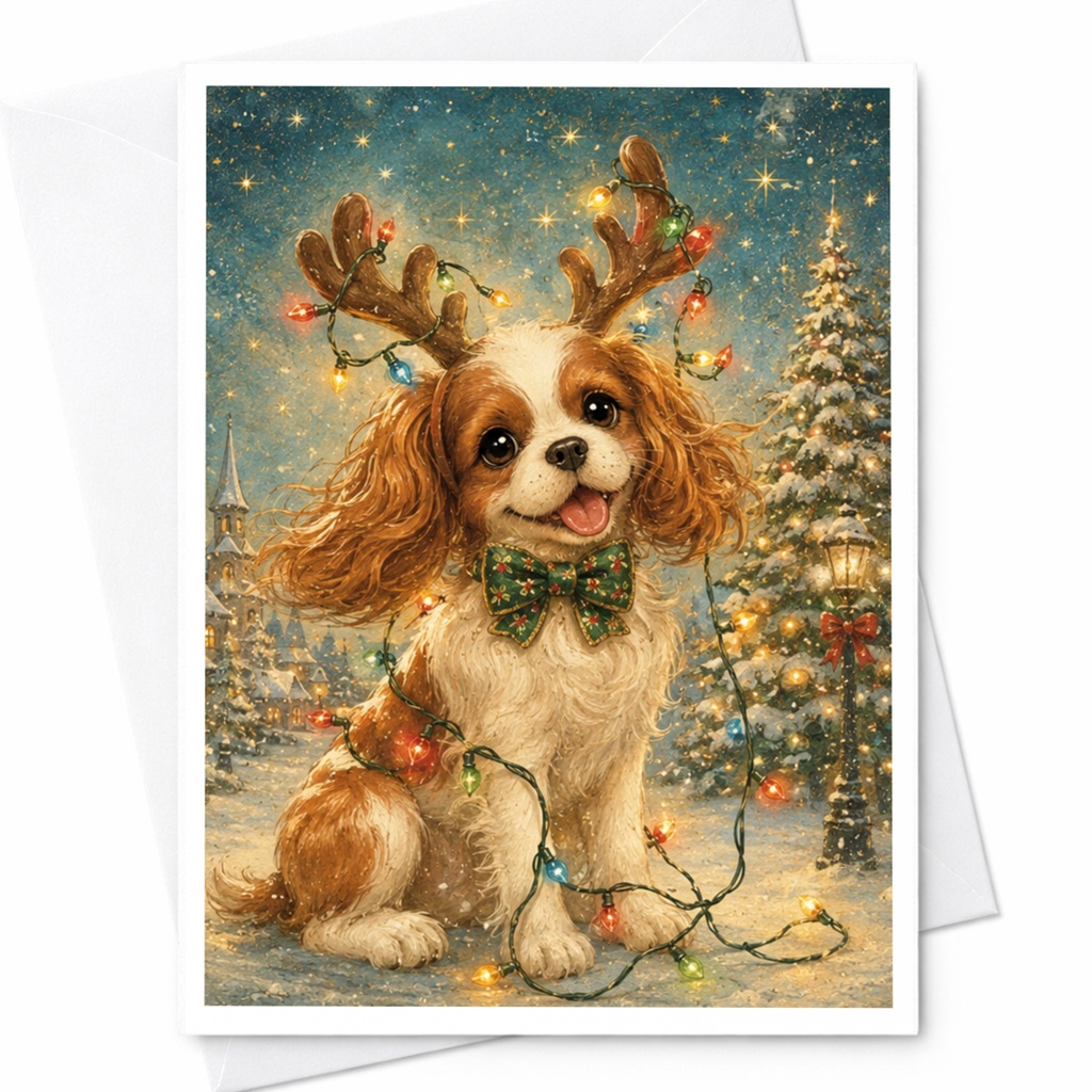 Cute Dog Christmas Card Adorable Puppy With Antlers Holiday Greeting Card For Dog Lovers Festive Lights Winter Scene C5577