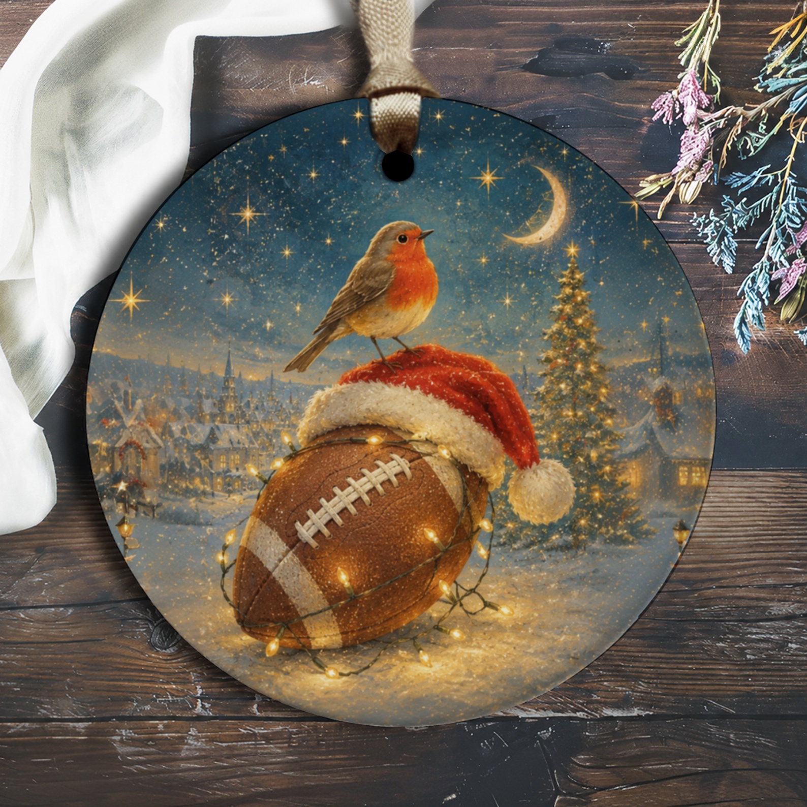 Robin On Football Christmas Ornament Festive Holiday Decor Santa Hat Winter Scene Tree Decoration Gift O1427