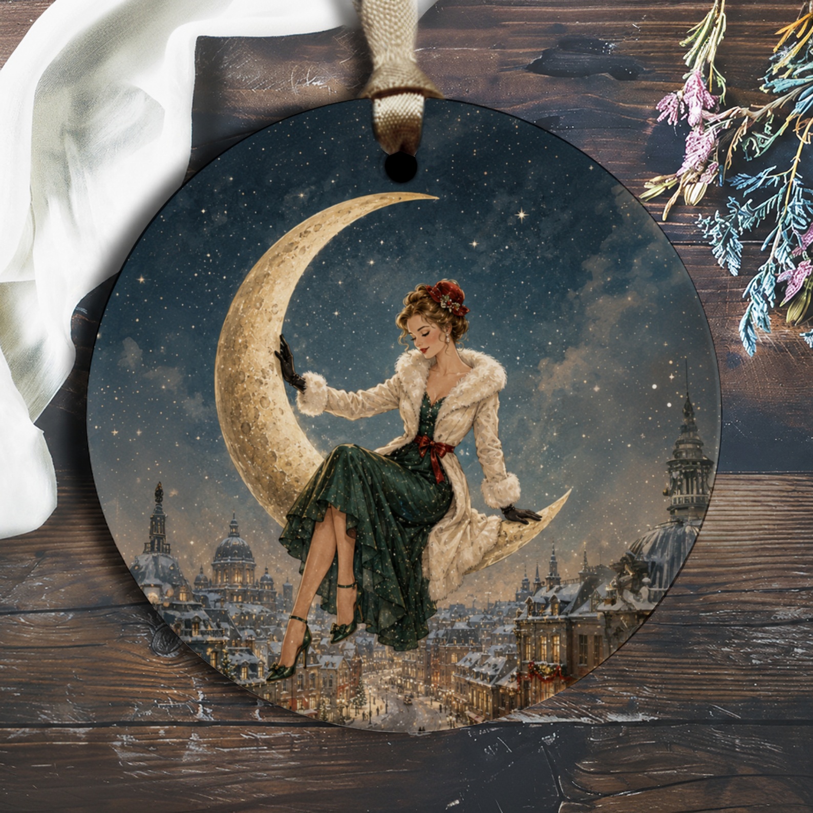 Vintage Christmas Ornament Woman On Crescent Moon Winter Scene Holiday Decor Elegant Festive Ornament For Home O1435