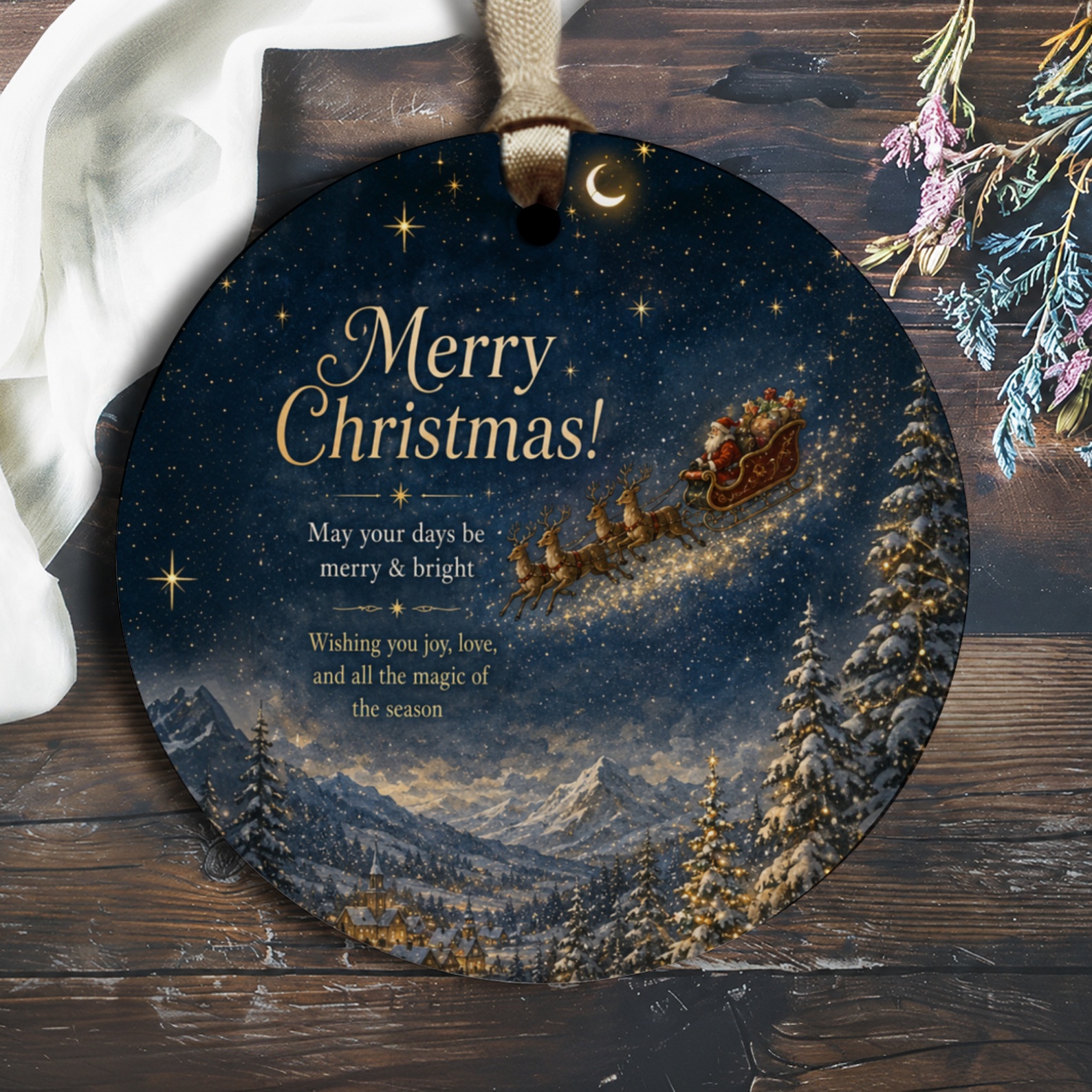 Merry Christmas! Santa Sleigh Ornament Holiday Decor Festive Christmas Tree Decoration Winter Wonderland Scene O1440