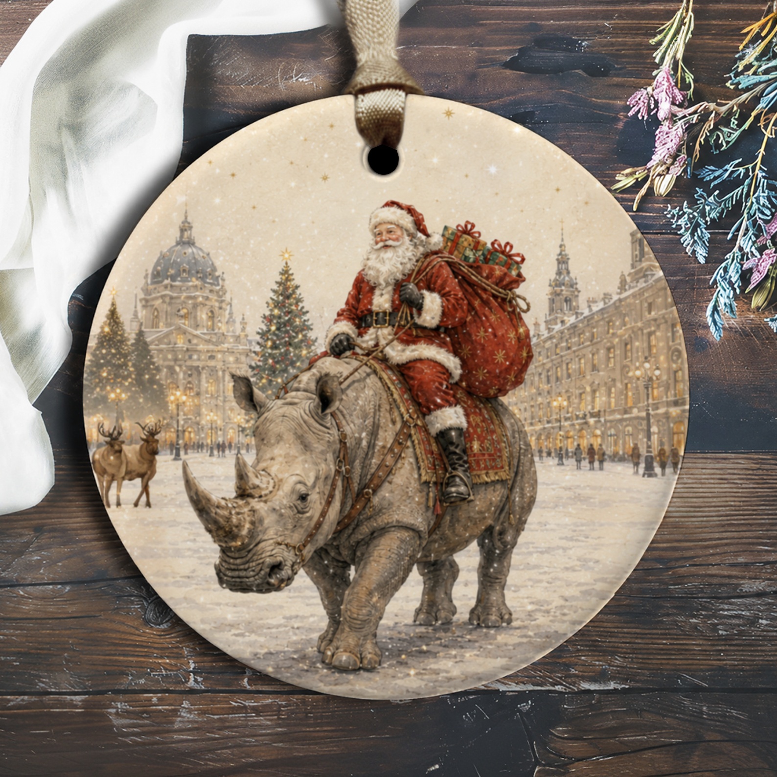 Santa Riding Rhino Christmas Ornament Unique Holiday Decor Festive Santa Claus Decoration Winter Wonderland Scene O1442