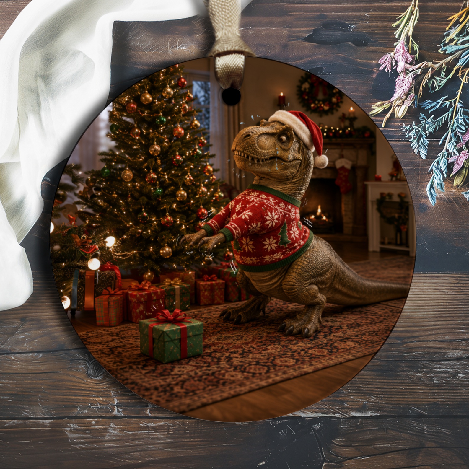Dinosaur Christmas Ornament Festive T-Rex In Sweater Holiday Decor Cute Tree Decoration Gift For Dino Lover O1444