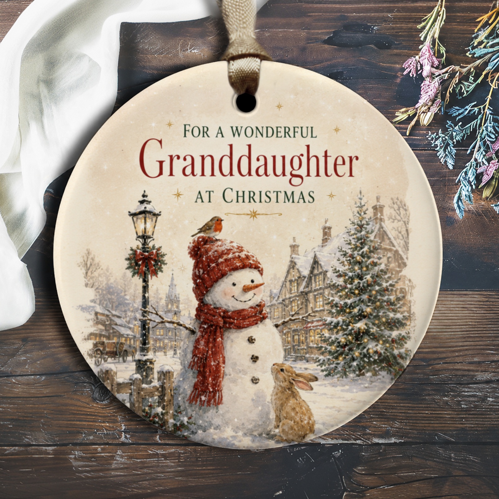 For A Wonderful Granddaughter At Christmas Ornament Snowman Scene Holiday Decoration Gift For Her Festive Winter Decor O1362