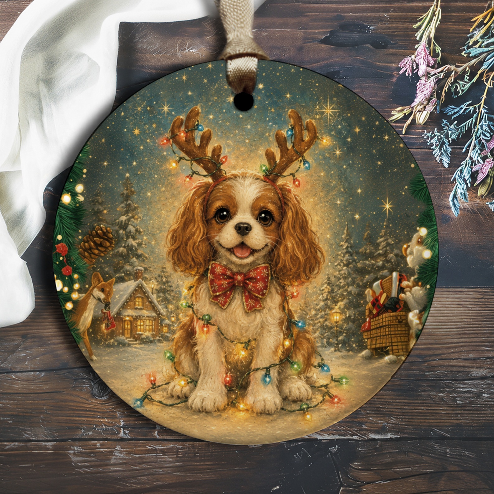 Cute Dog With Antlers Christmas Ornament Holiday Decor Festive Pet Lover Gift Adorable Puppy With Lights Winter Scene O1369