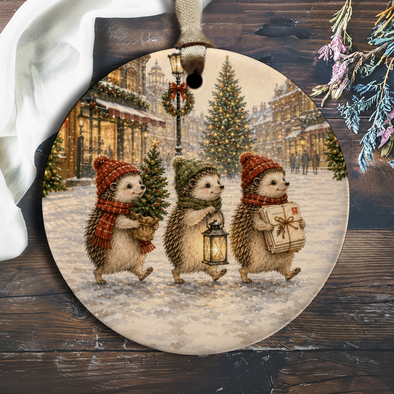 Hedgehog Christmas Ornament Cute Winter Scene Holiday Decor Woodland Animal Ornament Festive Tree Decoration Gift For Nature Lover O1370