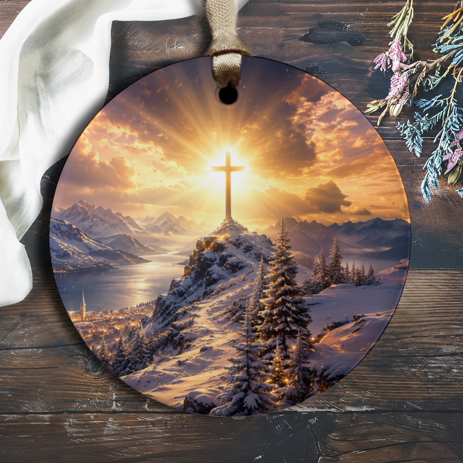 Sunlit Cross Ornament Christmas Decor Religious Winter Scene Holiday Ornament Spiritual Gift Christian Home Decor O1376
