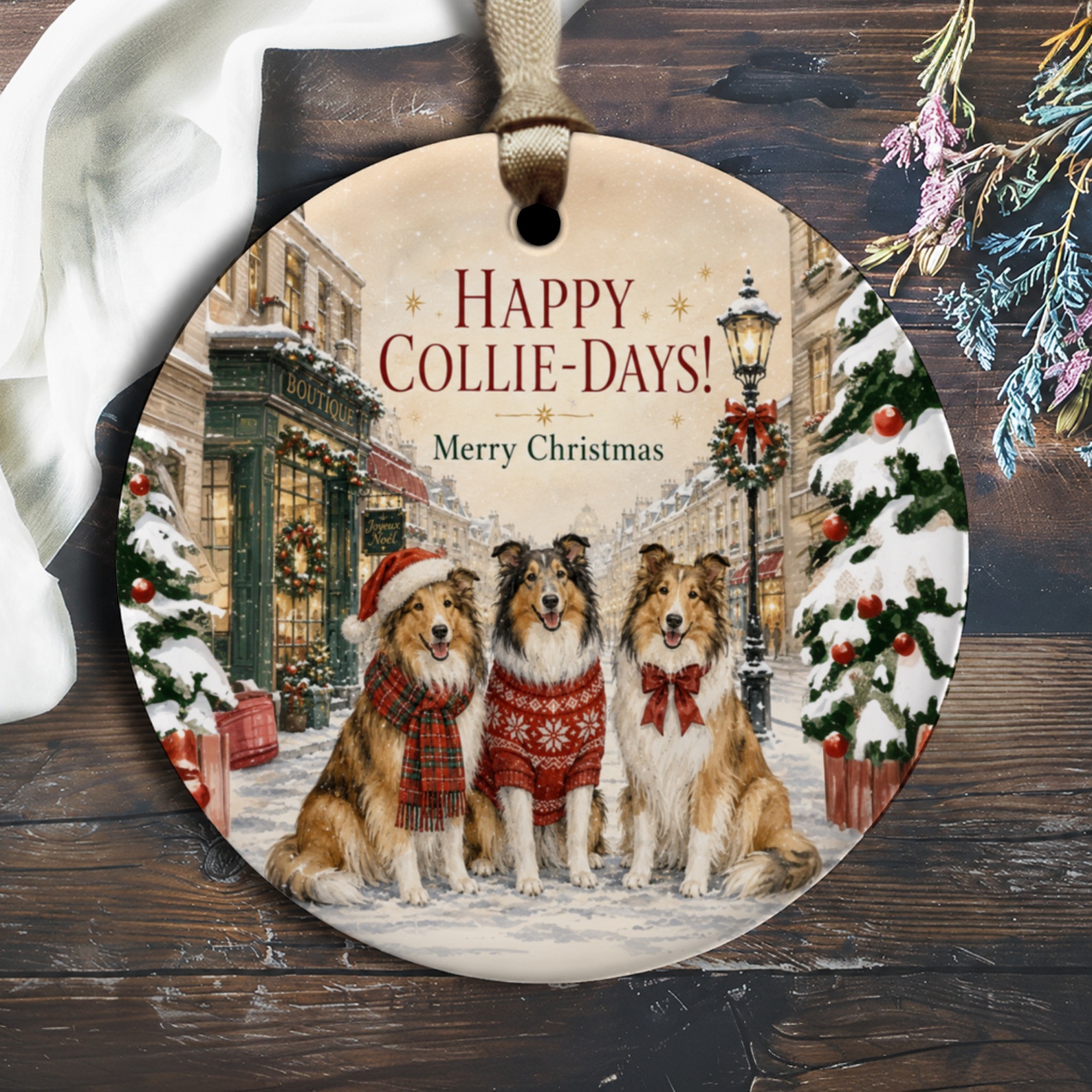 Happy Collie-Days! Merry Christmas Ornament Festive Dog Lovers Holiday Decor Cute Collie Winter Scene Christmas Ornament O1377