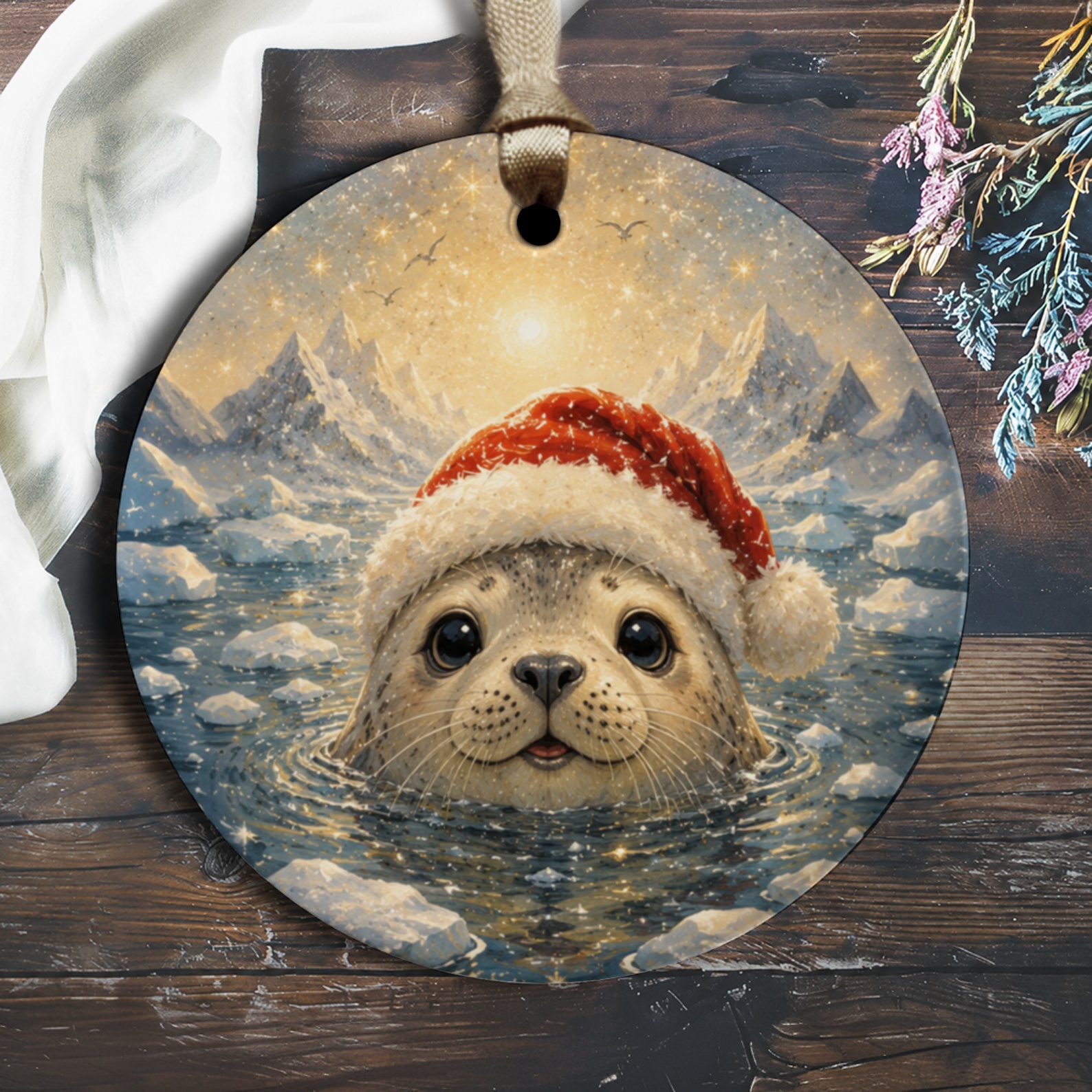 Seal With Santa Hat Christmas Ornament Cute Animal Holiday Decor Winter Wonderland Seal Lover Gift O1383