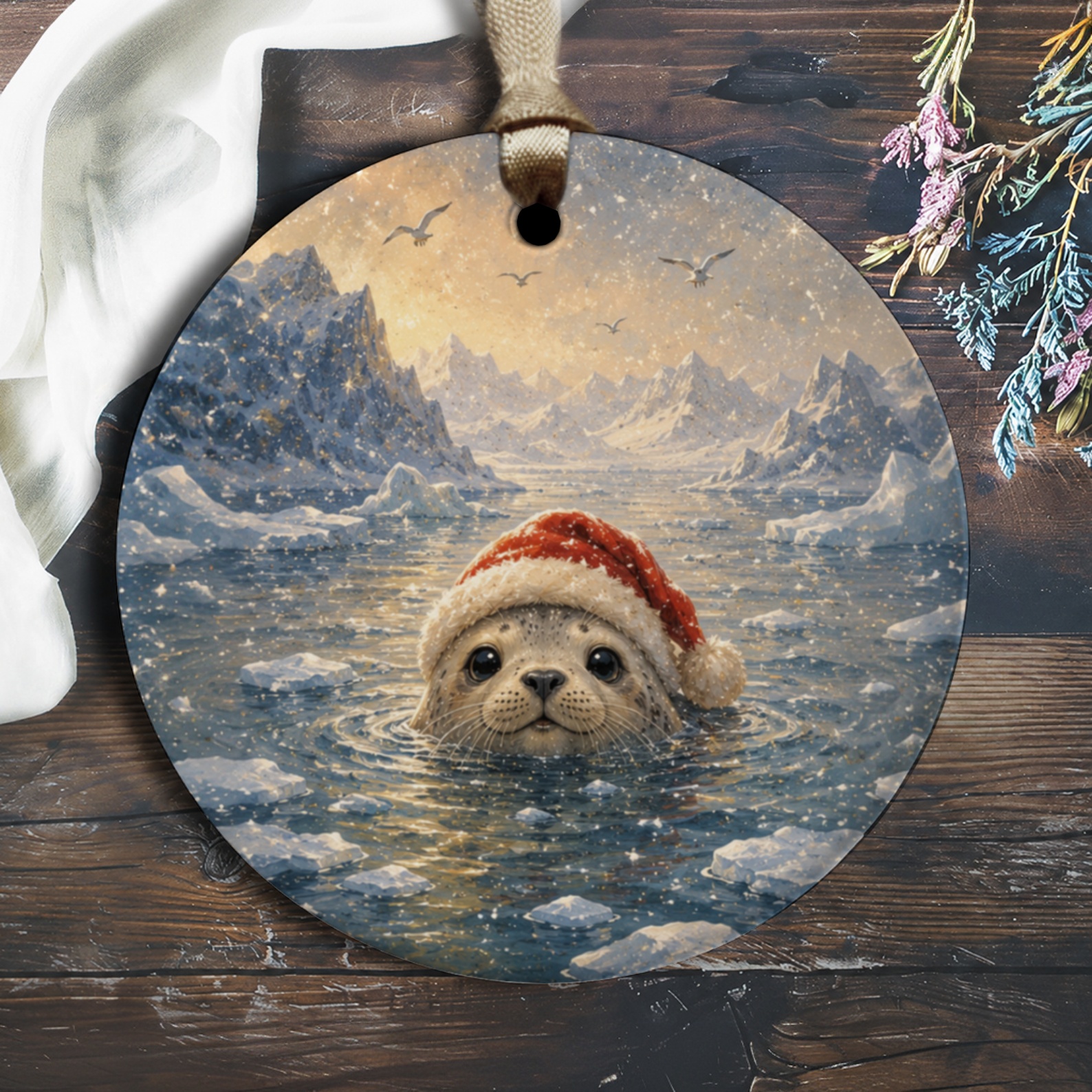Seal With Santa Hat Christmas Ornament Cute Winter Animal Decor Holiday Seal Lover Gift Arctic Scene O1384