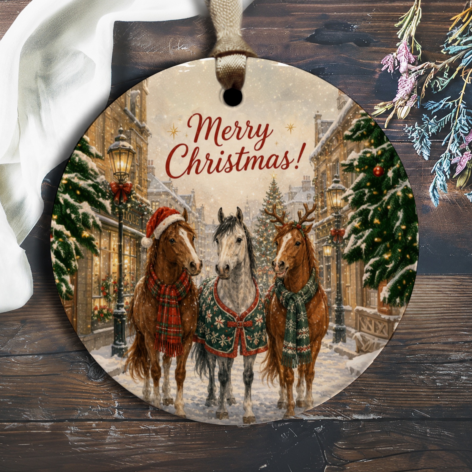 Merry Christmas! Festive Horse Ornament Holiday Decor Winter Scene Christmas Tree Decoration Rustic Farmhouse Style O1390