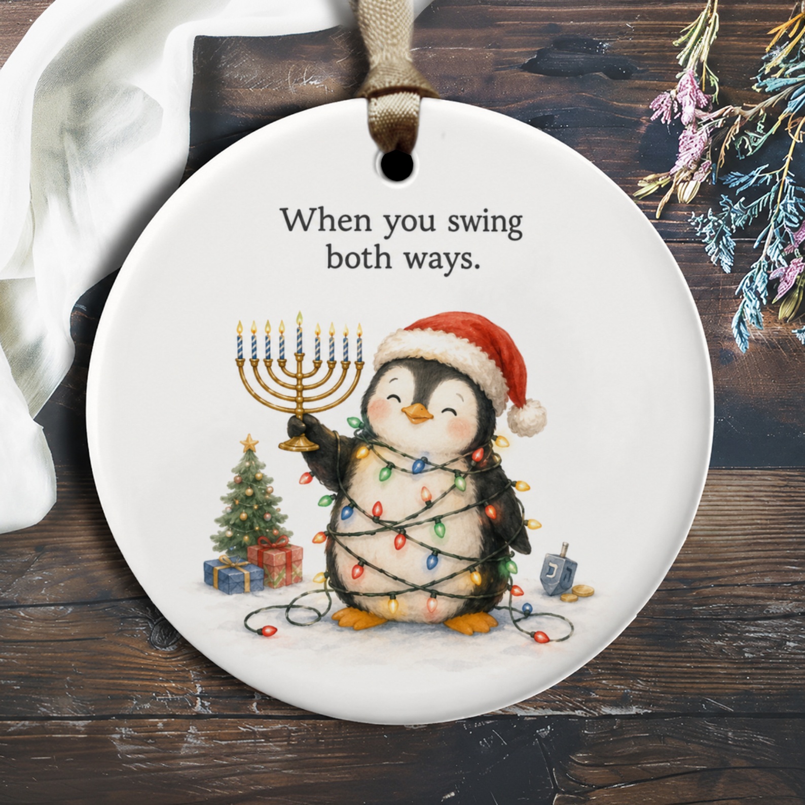 When You Swing Both Ways Holiday Ornament Penguin With Menorah Christmas Lights Funny Hanukkah Christmas Decor O1408
