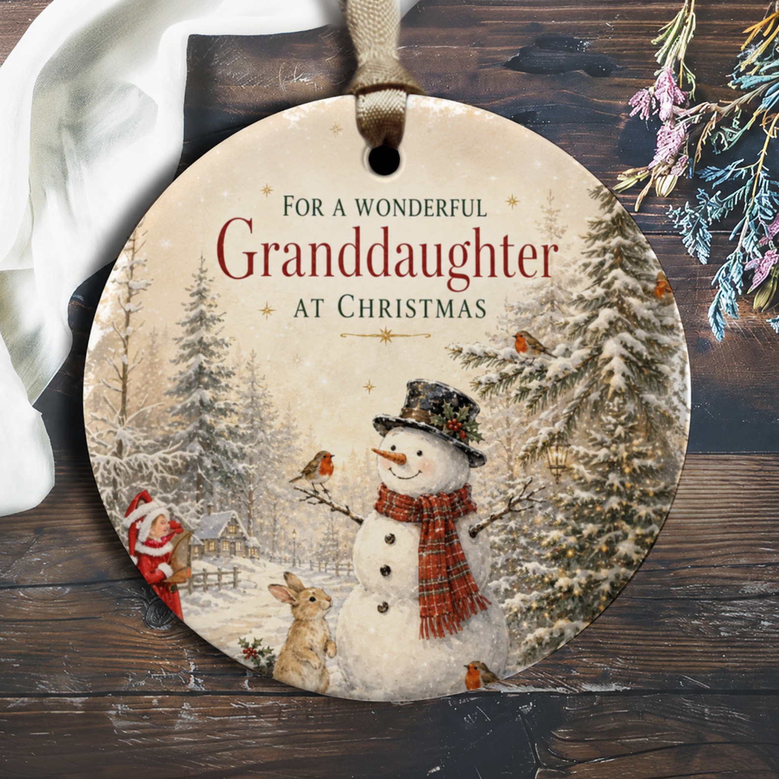 For A Wonderful Granddaughter At Christmas Ornament Snowman With Woodland Animals Holiday Decor Gift For Her O1415