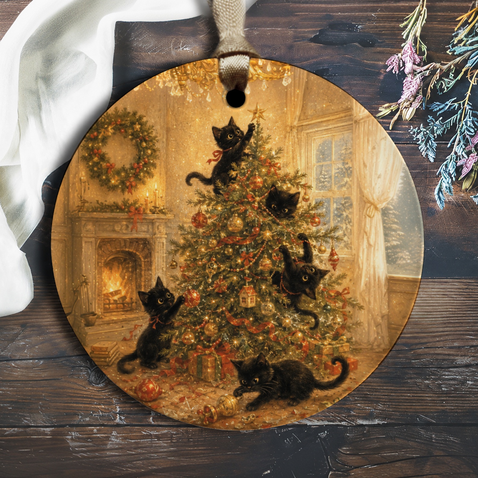 Black Cats Christmas Ornament Festive Holiday Decor Cute Cat Lover Gift Tree Decoration Cozy Winter Scene O1418