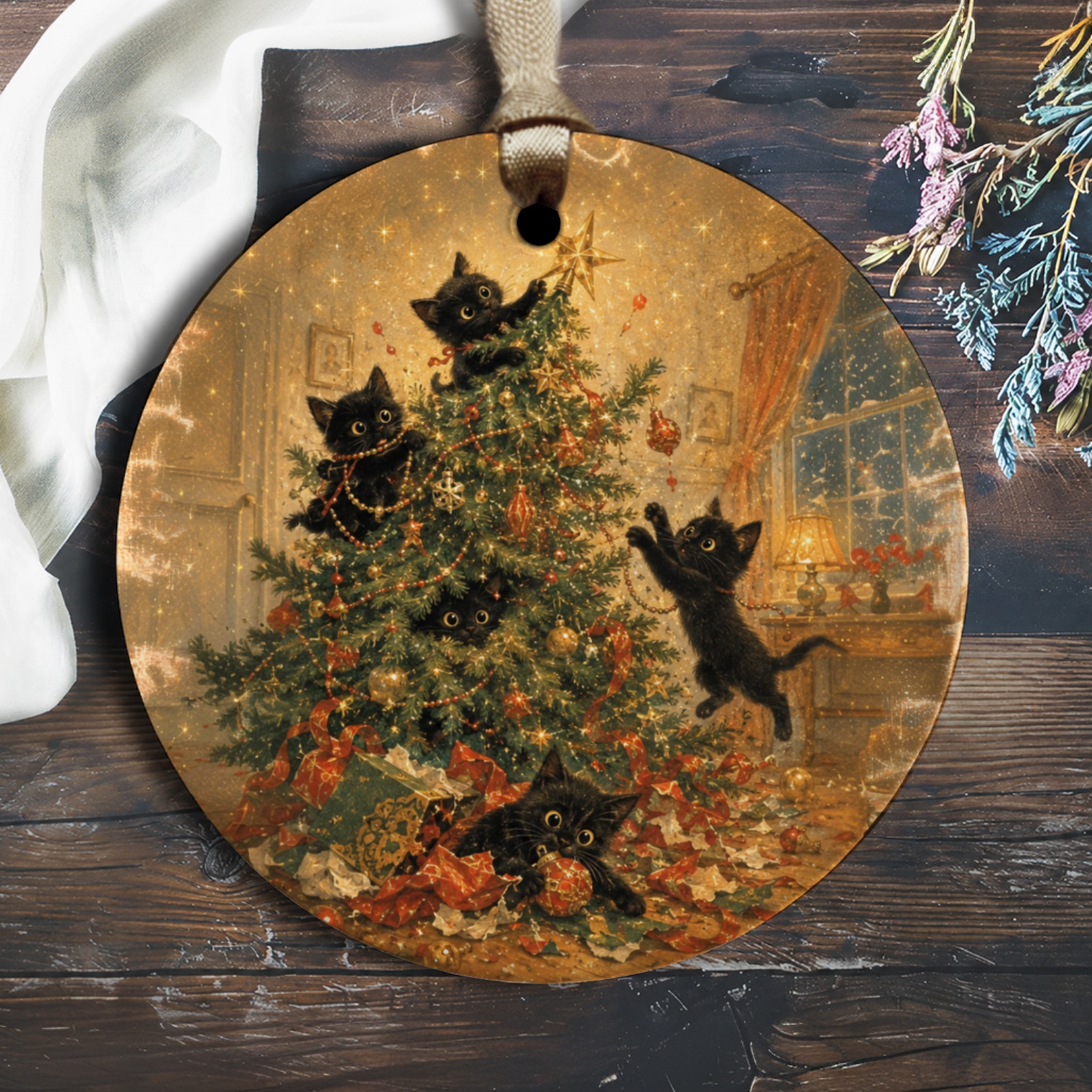 Playful Black Kittens Christmas Ornament Cute Cat Lover Holiday Decor Festive Tree Decoration Adorable Feline Gift O1419