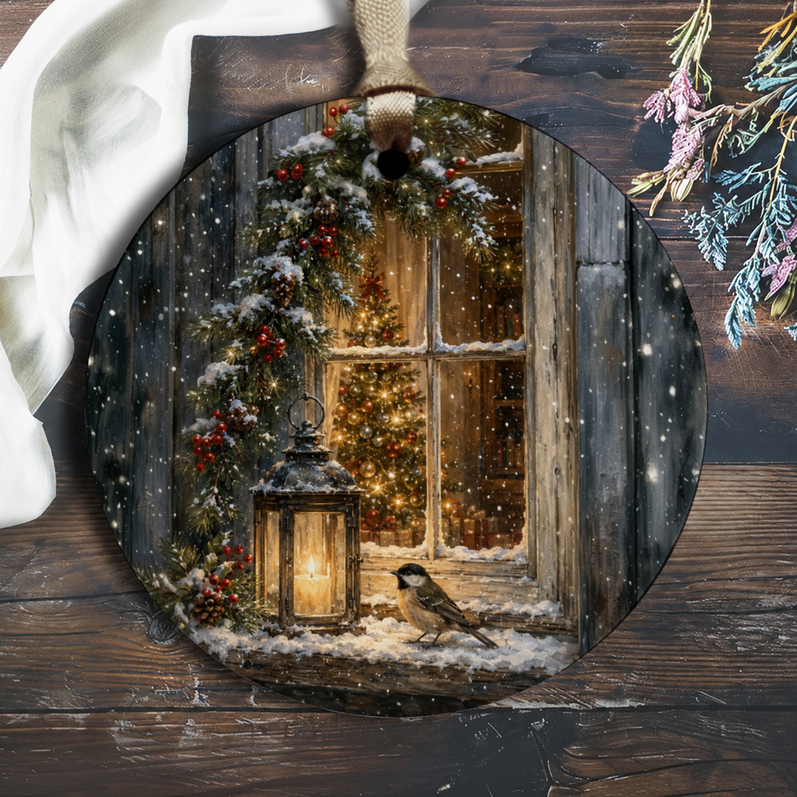 Winter Scene Ornament Christmas Decor Lantern Bird Snowy Window Holiday Decoration Rustic Home Decor Gift O1420