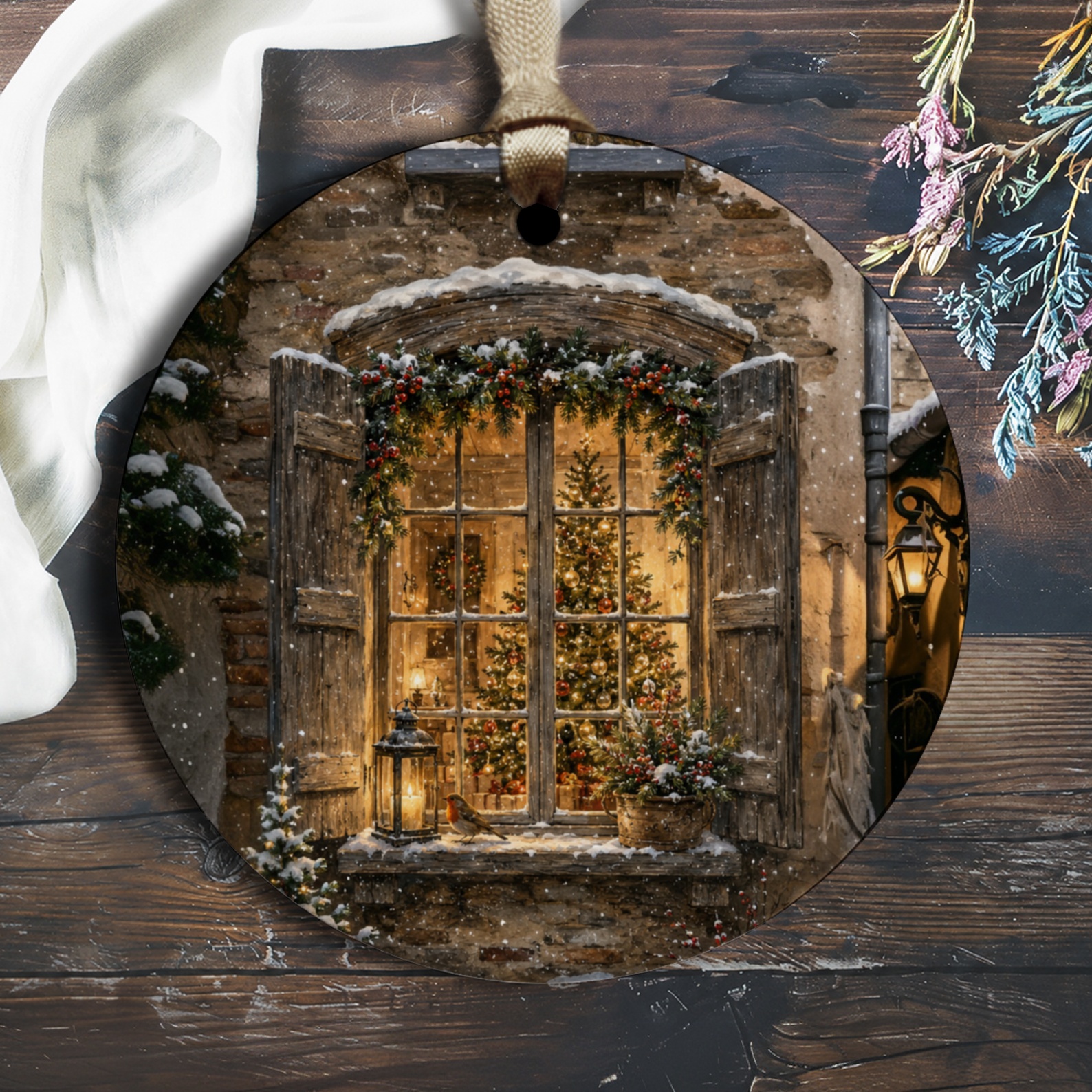 Christmas Window Scene Ornament Rustic Holiday Decor Festive Tree Decoration Cozy Winter Home Accent Gift For Her O1421