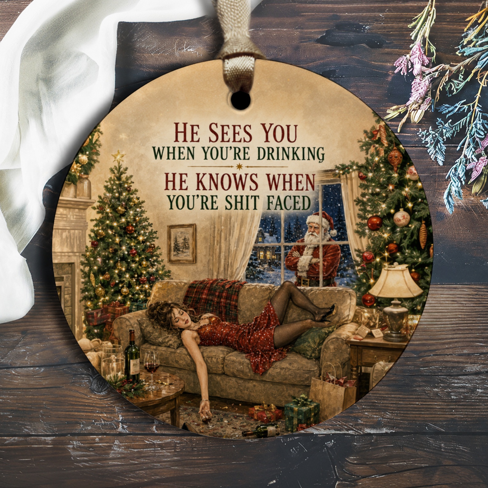 He Sees You When You're Drinking He Knows When You're Shit Faced Funny Christmas Ornament Santa Holiday Decor O1422