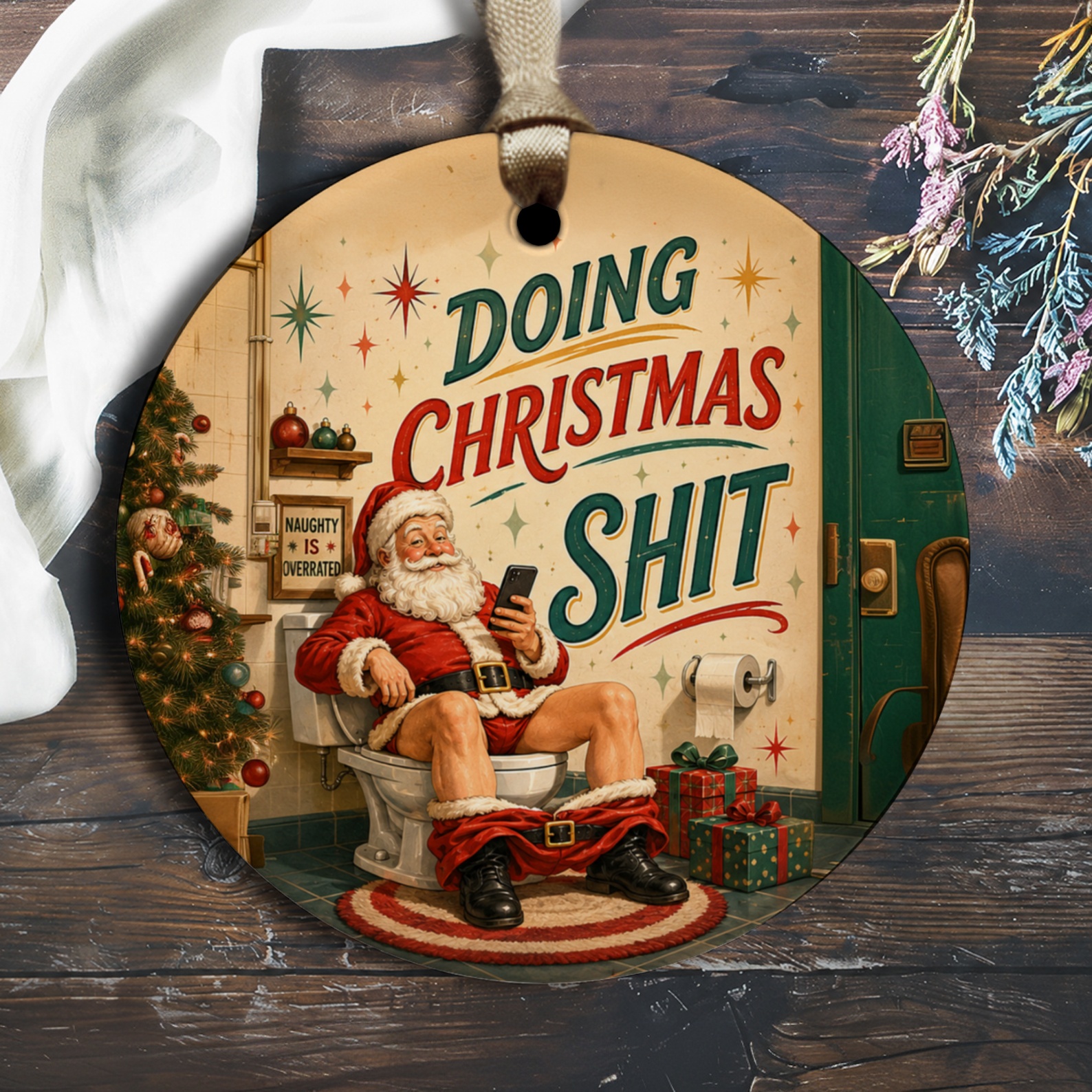 Doing Christmas Shit Funny Santa Ornament Christmas Decor Holiday Gift Naughty Santa Claus Bathroom O1425