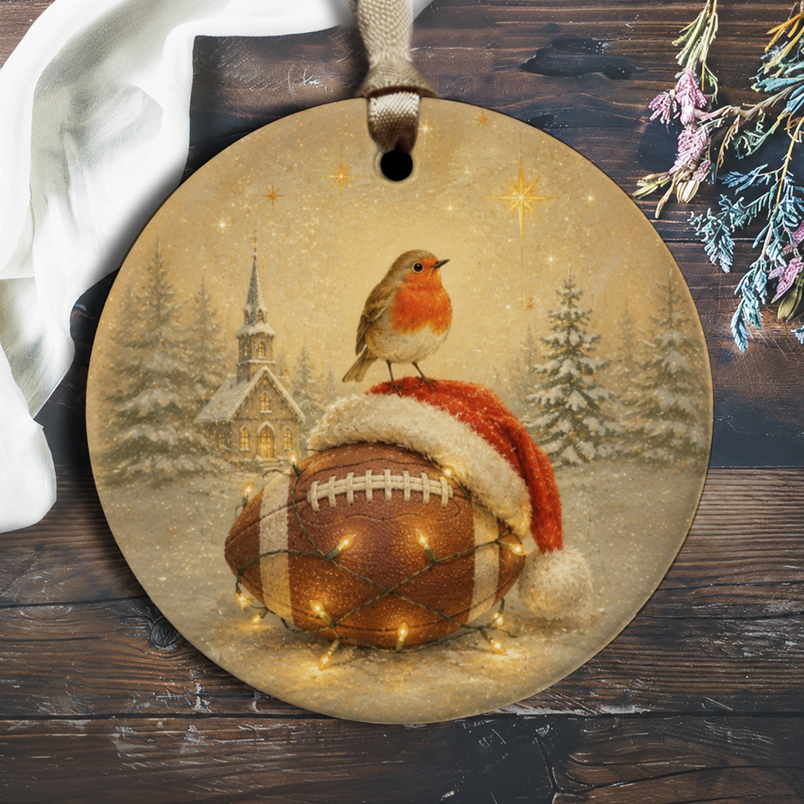 Robin On Football Christmas Ornament Festive Holiday Decor Winter Scene With Santa Hat And Lights For Tree O1426