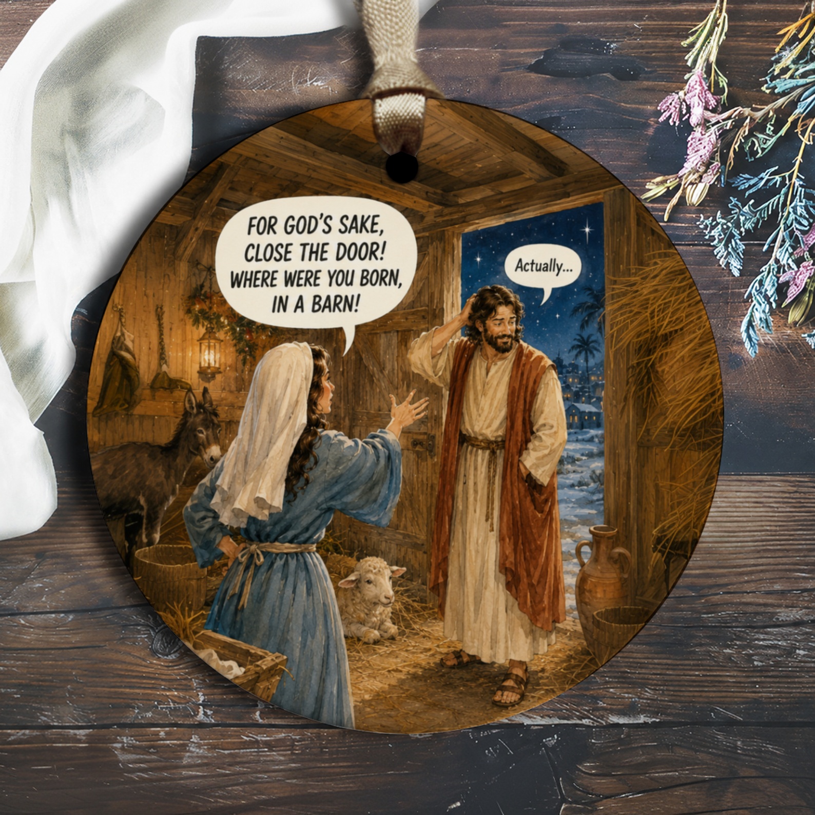 For God's Sake, Close The Door! Funny Christmas Ornament Nativity Scene Holiday Decor Gift O1431