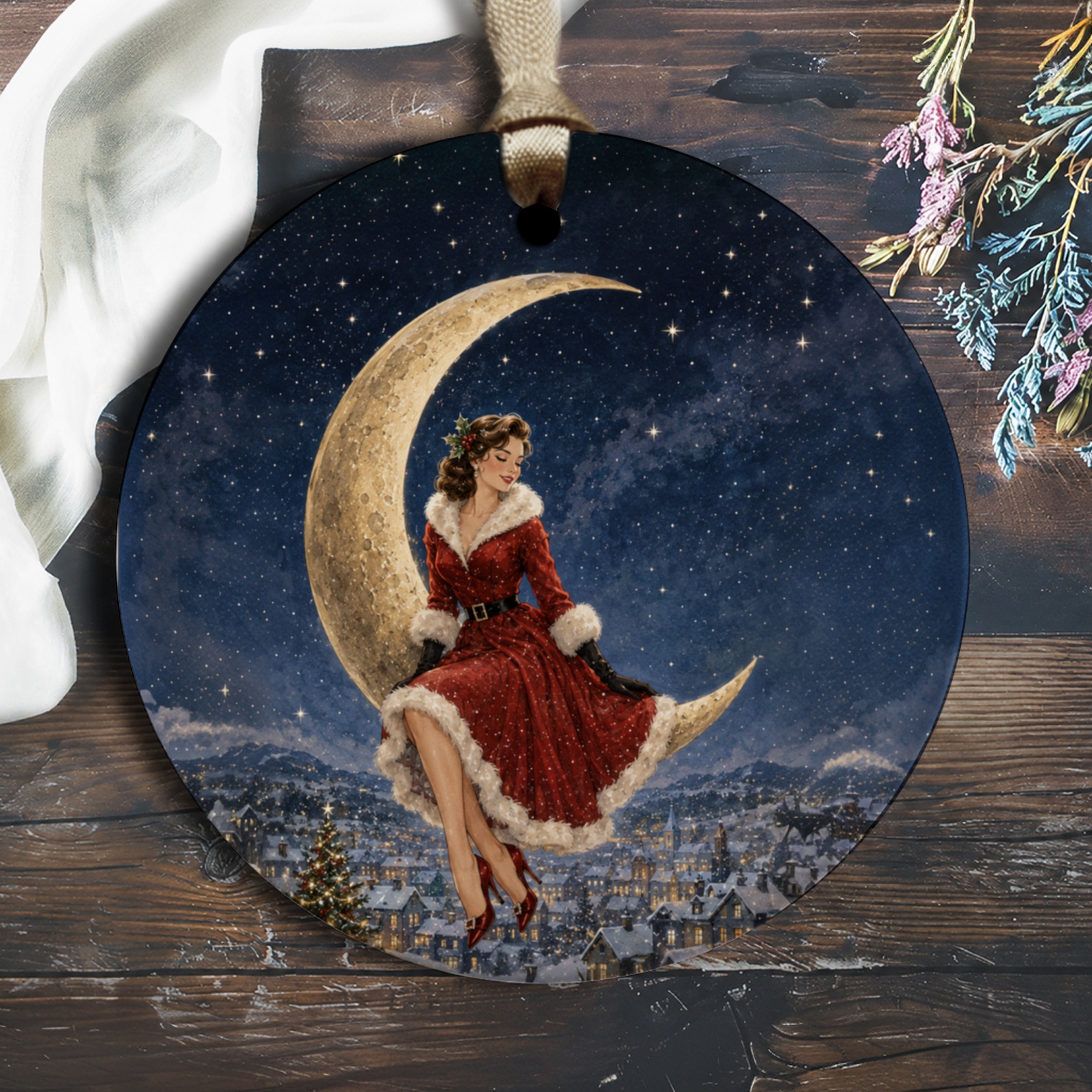 Vintage Santa Woman On Moon Christmas Ornament Retro Holiday Decor Festive Winter Scene Hanging Decoration For Home O1434