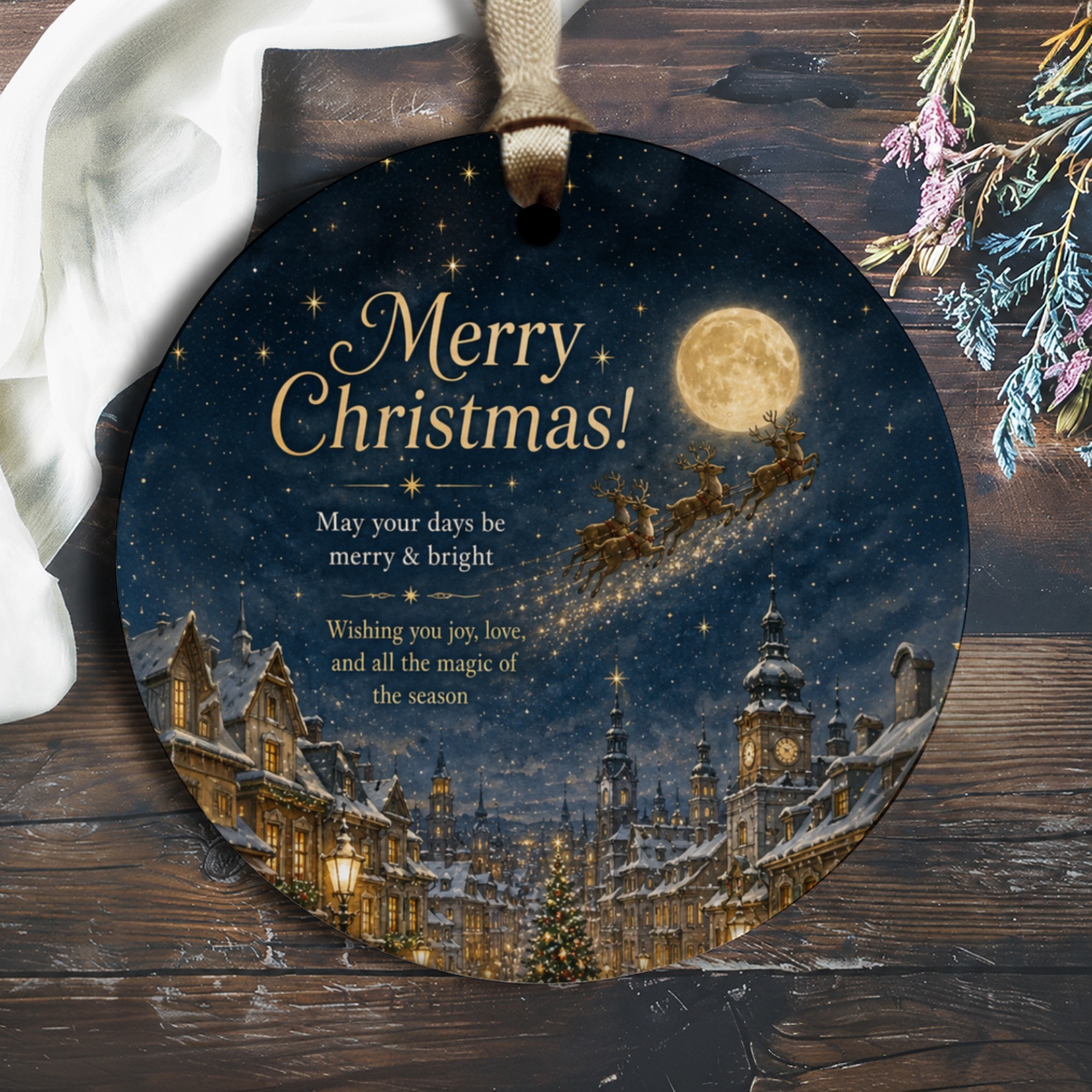 Merry Christmas Ornament Santa Reindeer Flying Over Village Holiday Decor Festive Christmas Tree Decoration Winter Wonderland O1439