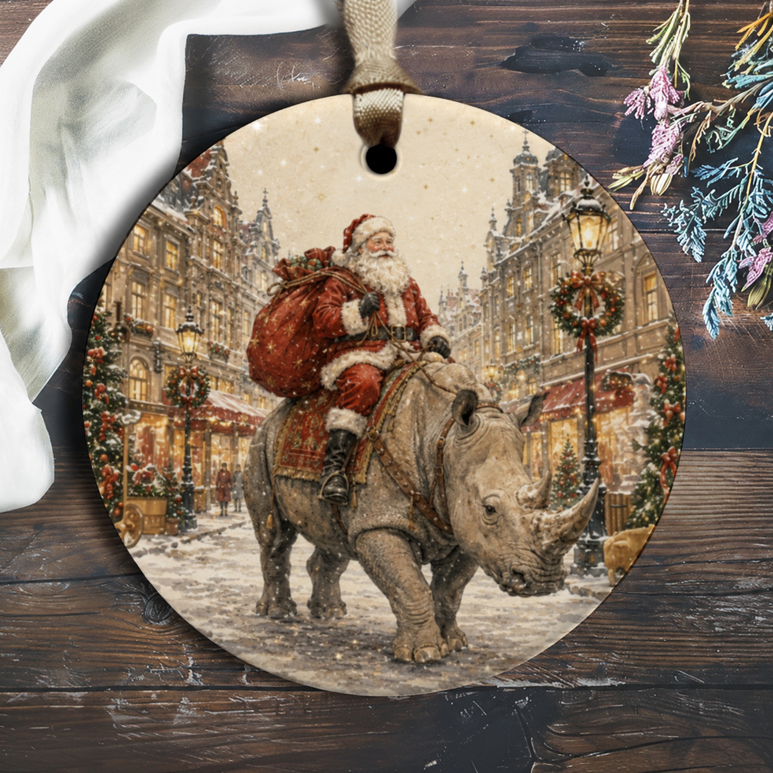 Santa On Rhino Christmas Ornament Festive Holiday Decor Unique Santa Claus Decoration Winter Wonderland Scene O1441