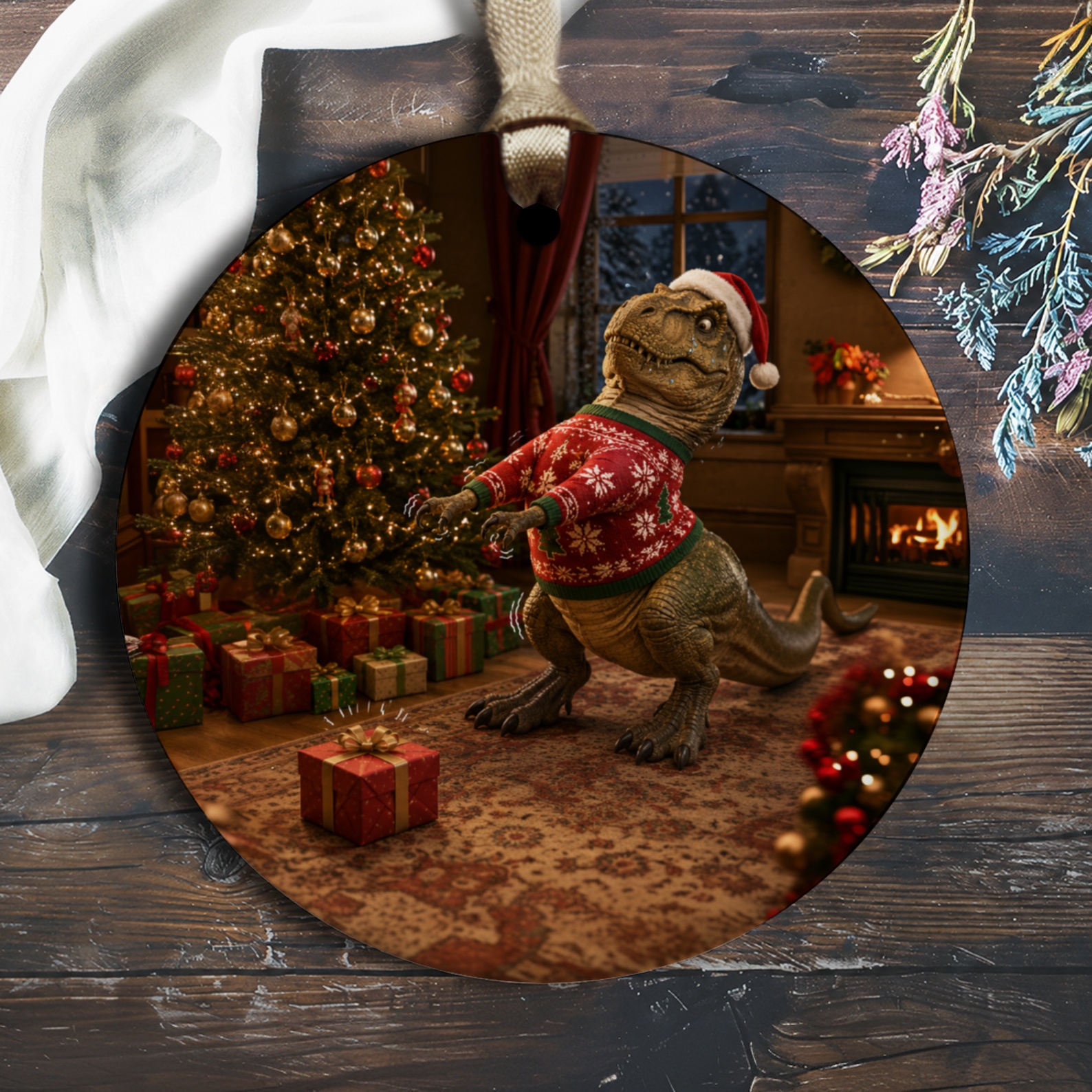Dinosaur In Christmas Sweater Ornament Funny Holiday Decor T-Rex With Santa Hat Festive Tree Decoration For Dinosaur Lover O1445