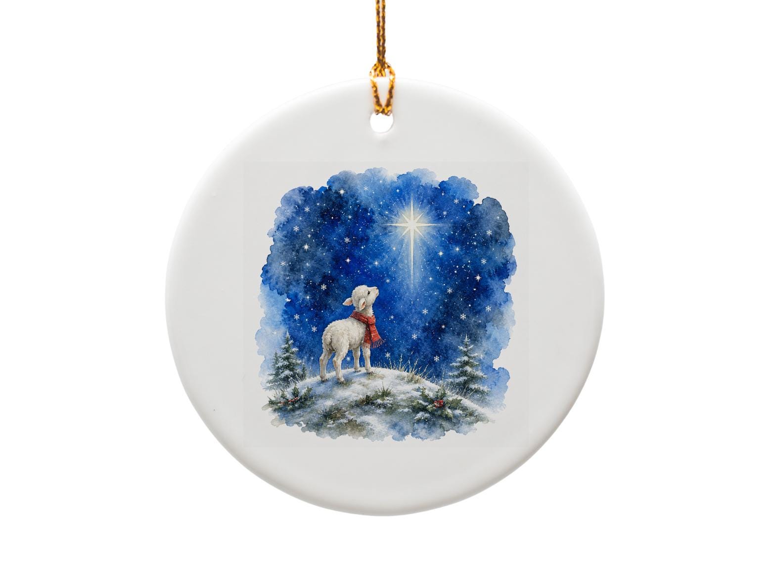 Lamb Under Starry Sky Christmas Ornament Watercolor Winter Scene Holiday Decor Cute Animal Art Gift O1199