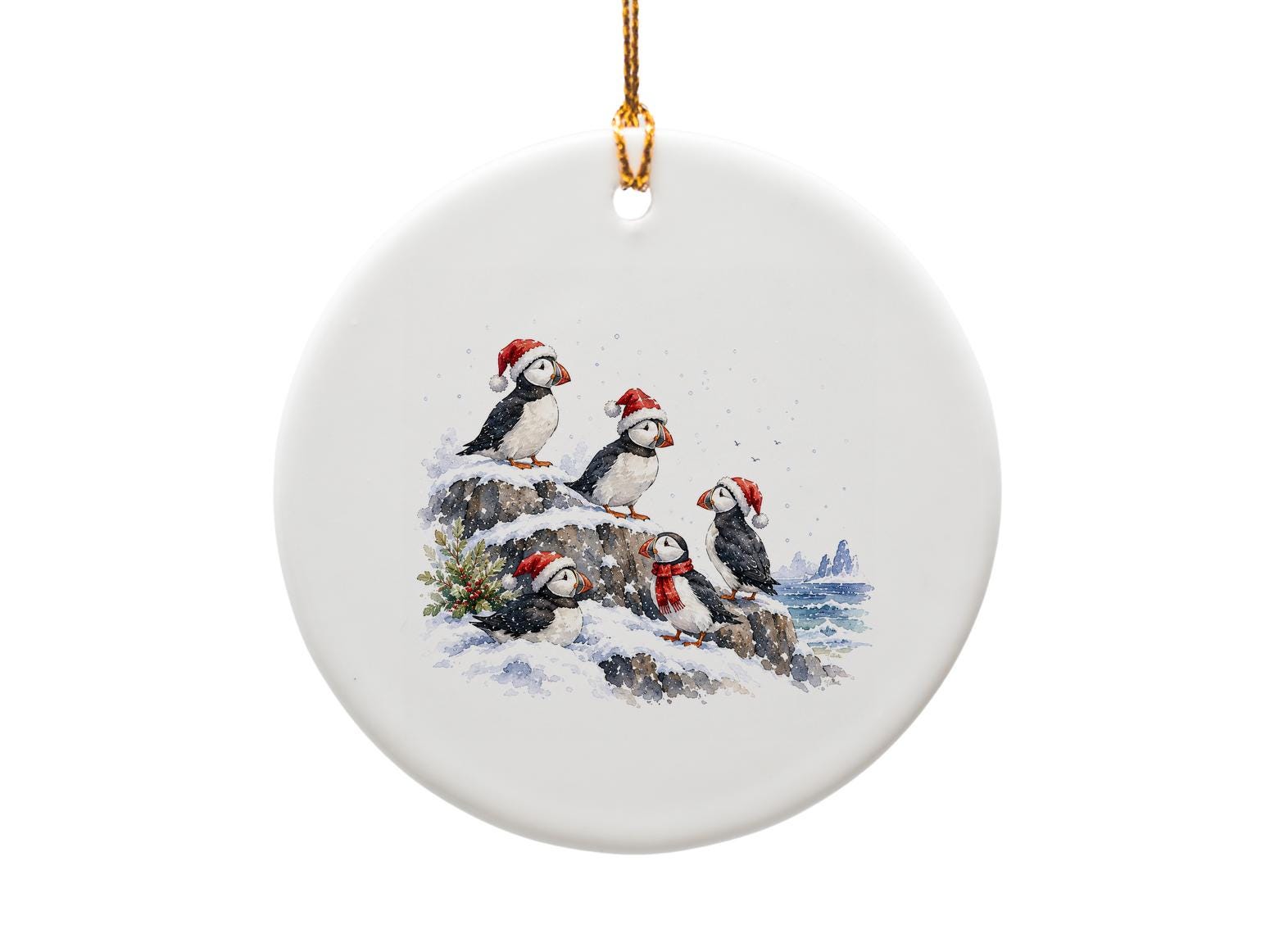 Puffins In Santa Hats Christmas Ornament Cute Holiday Decor Winter Bird Lover Gift Festive Home Decoration O1223