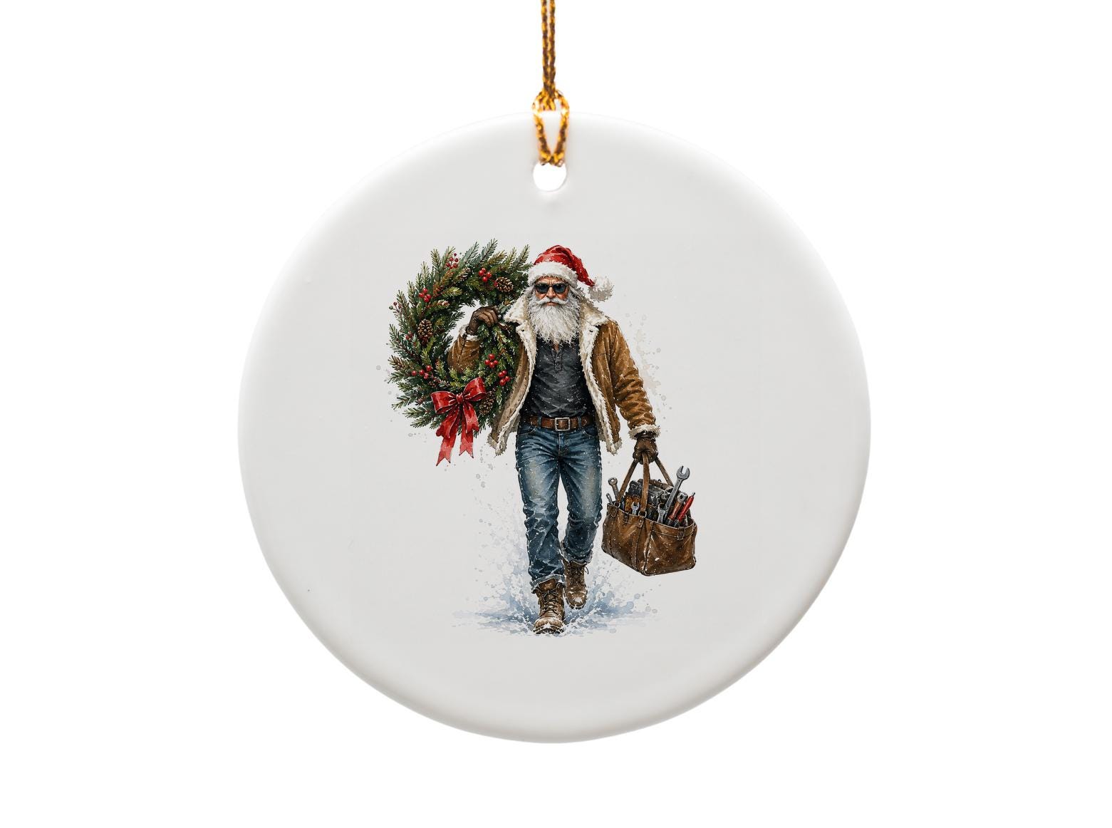 Santa With Wreath And Tools Christmas Ornament Rustic Holiday Decor Festive Santa Claus Ornament For Home Christmas Tree O1224