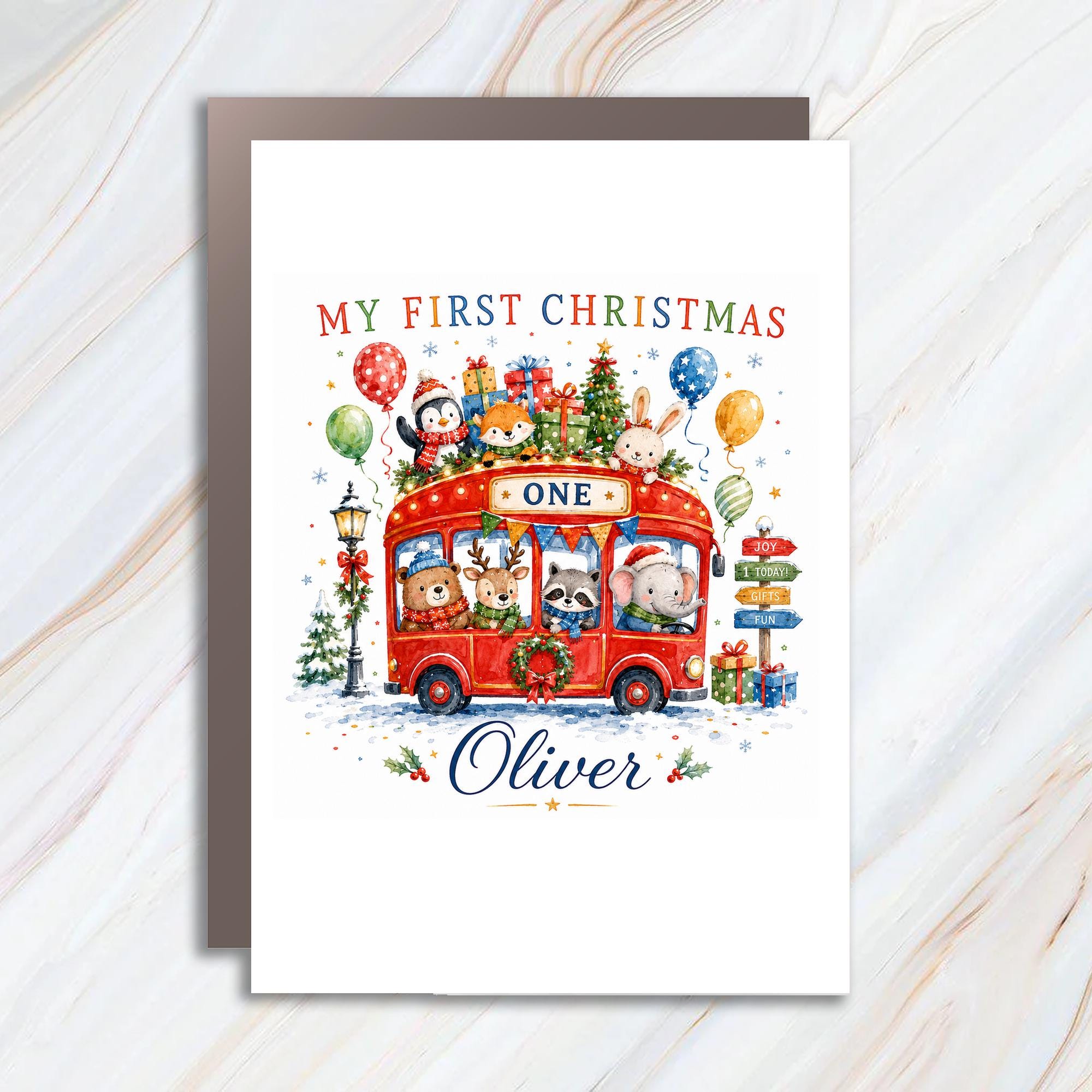 My First Christmas Card Cute Animal Bus 1st Christmas Card For Baby Personalized Holiday Card C1231